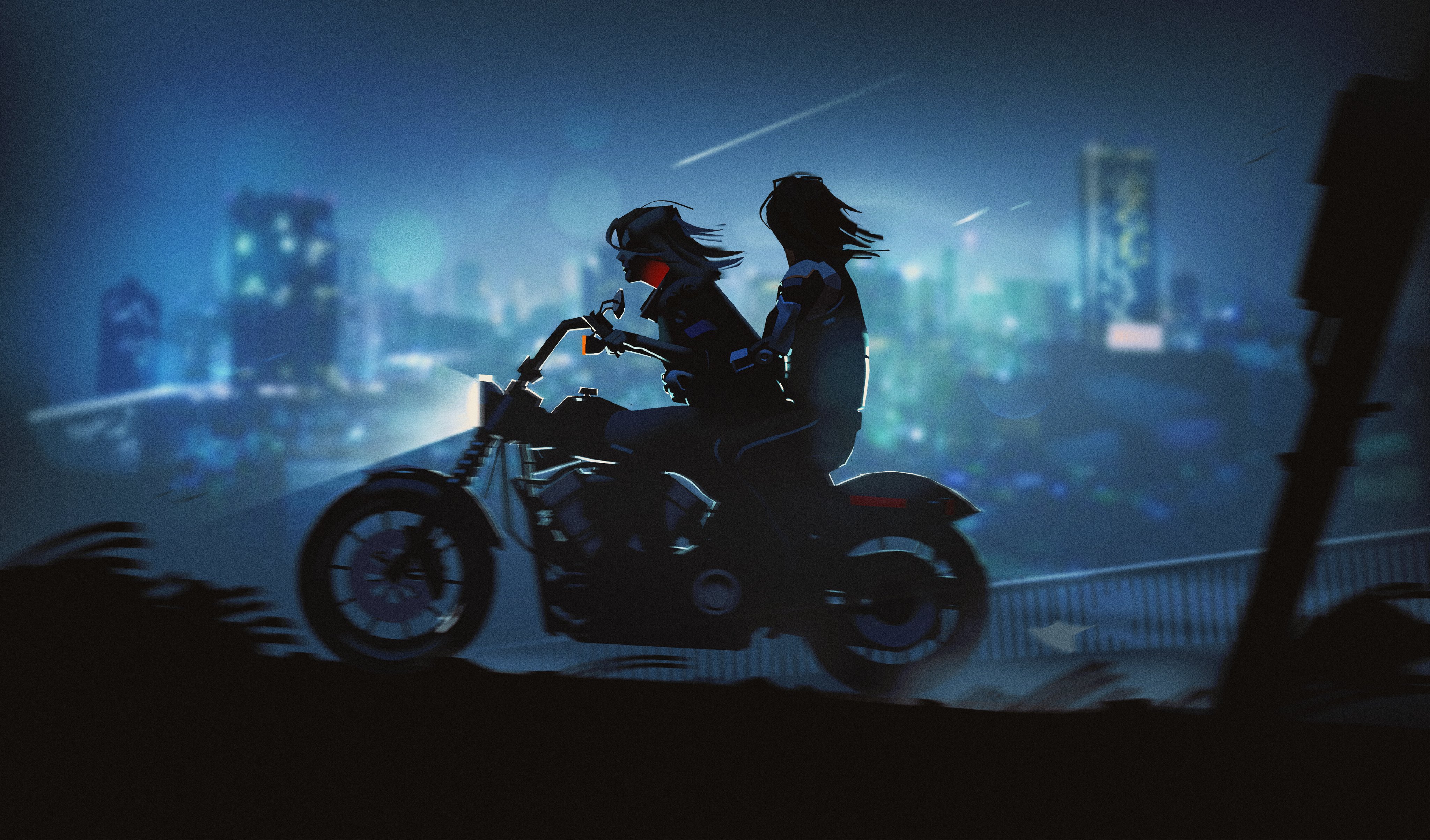 Poisonpink Digital Art Artwork Illustration Digital Painting Night Nightscape Couple Motorcycle City 4096x2406
