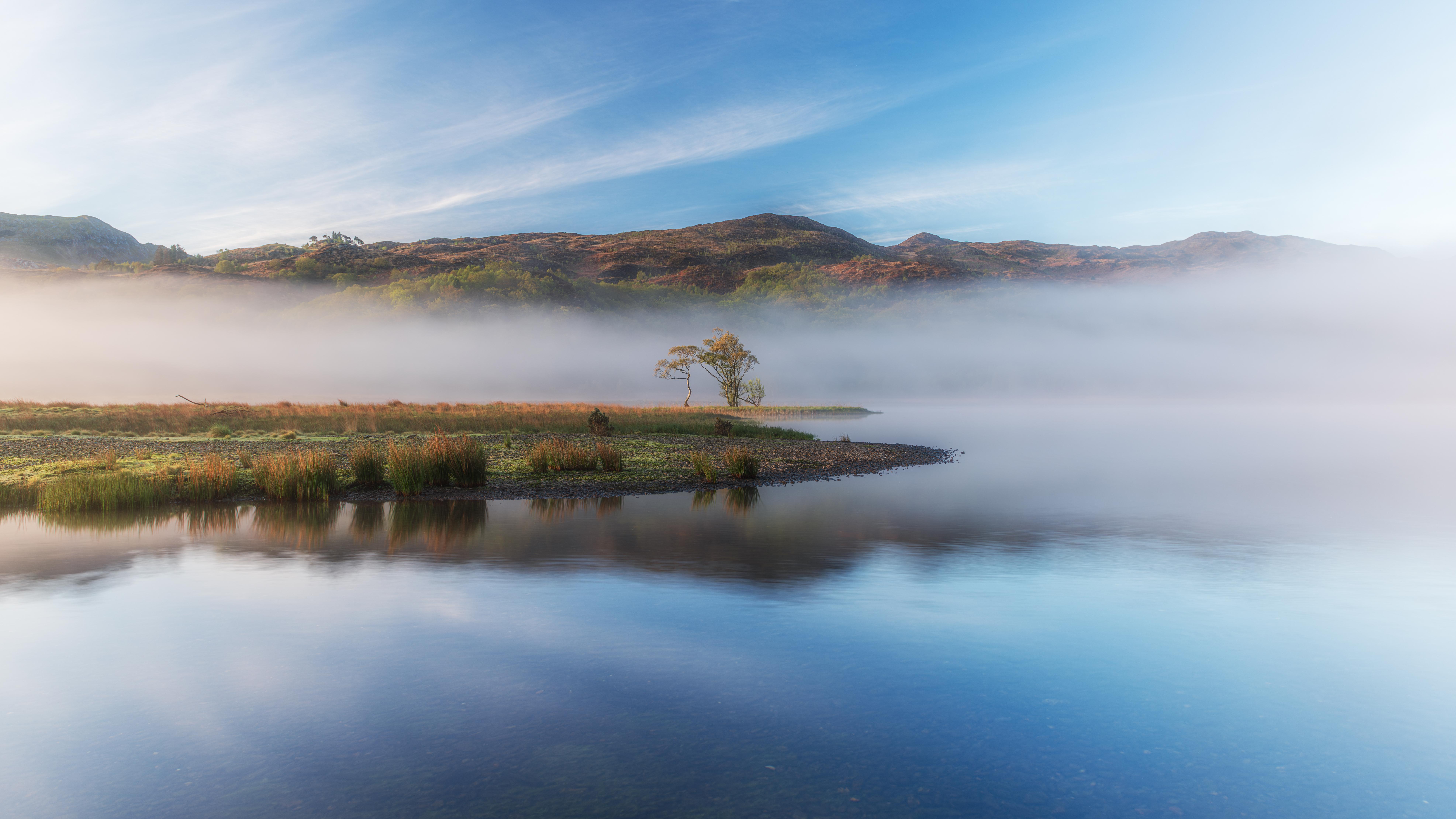 Landscape Reflection Nature Mist Fog Lake Wales UK Europe Trees Forest Shore Cirrus Clouds 7893x4440