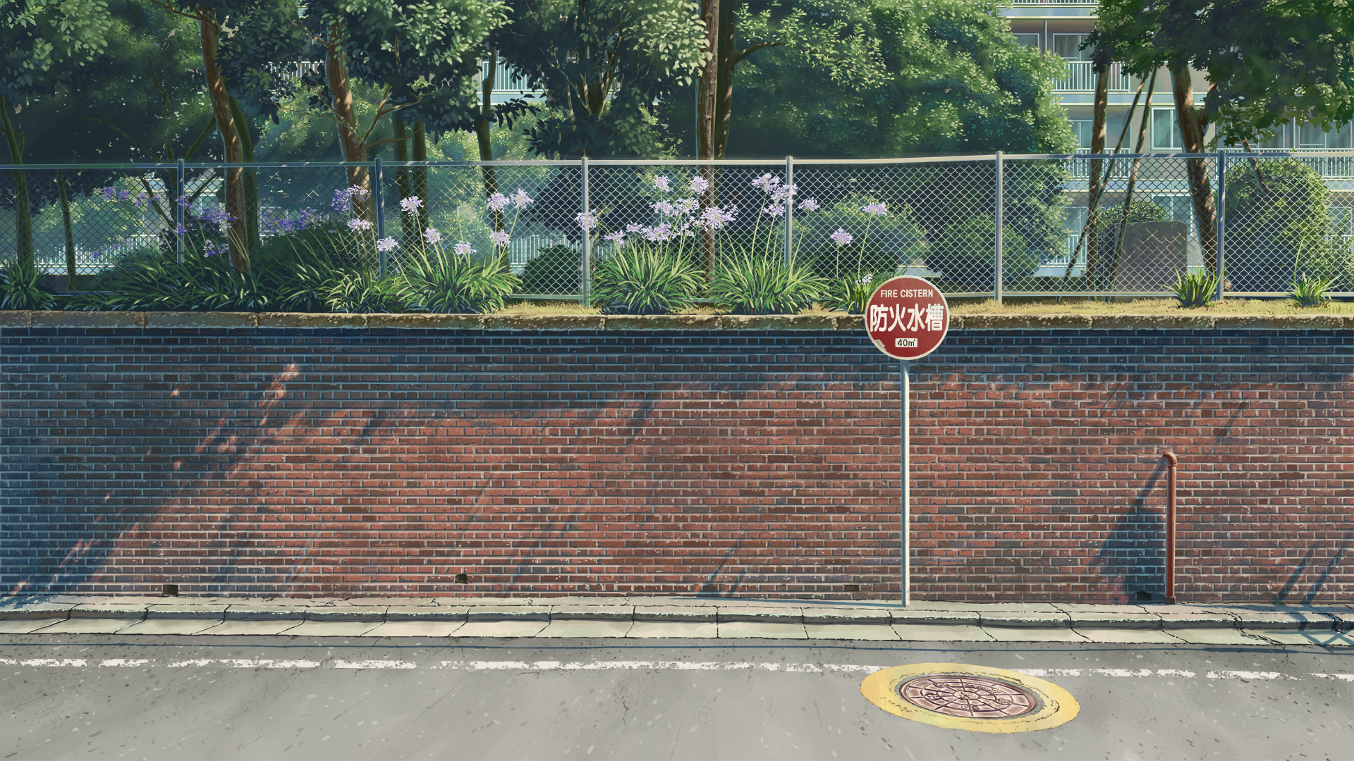 Anime Artwork Trees Plants Flowers Road Signboard Fence Wall Pipes 1920x1080