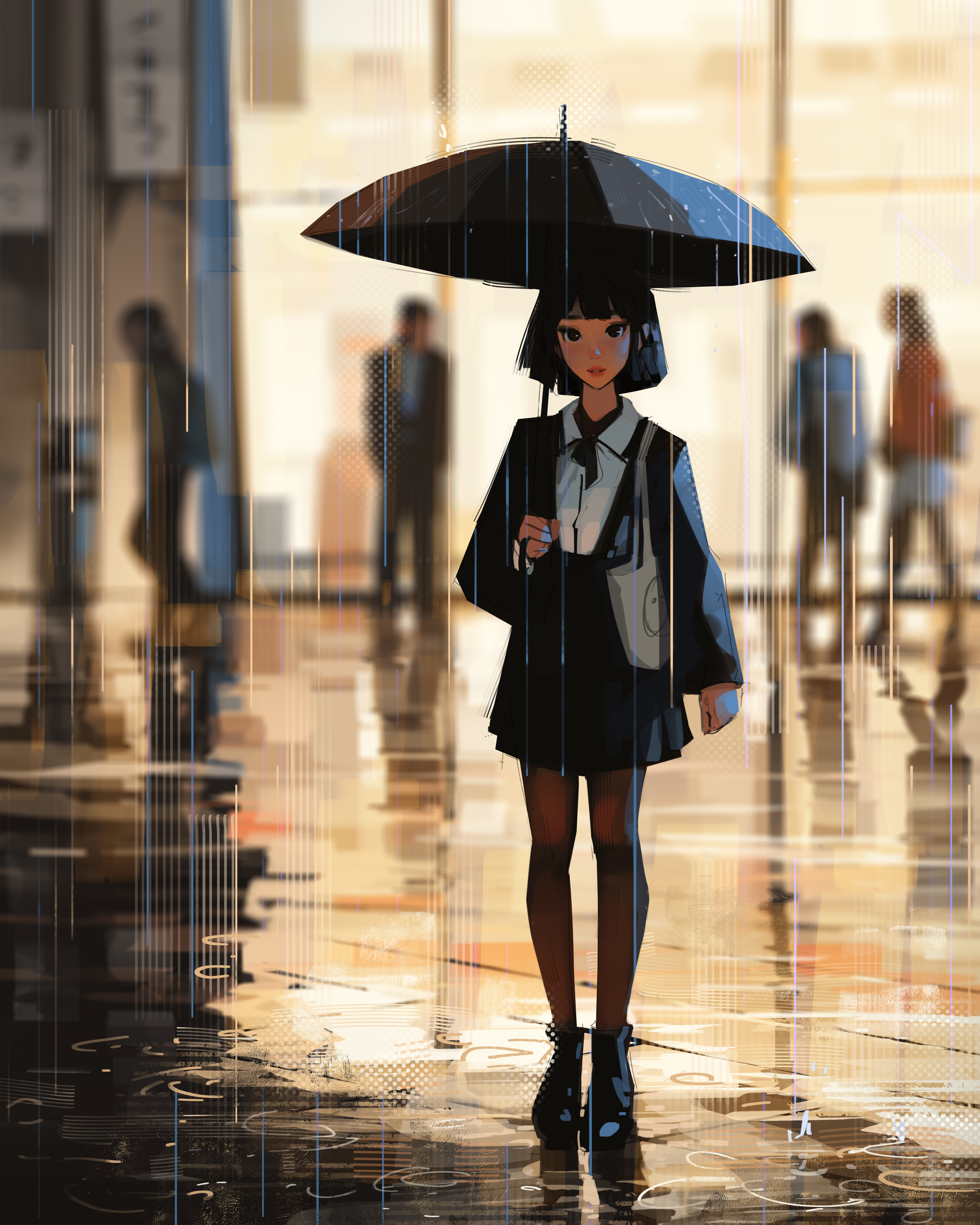 Sam Yang Digital Art Artwork Illustration Women Portrait Rain Looking At Viewer Umbrella Street Shor 4320x5400