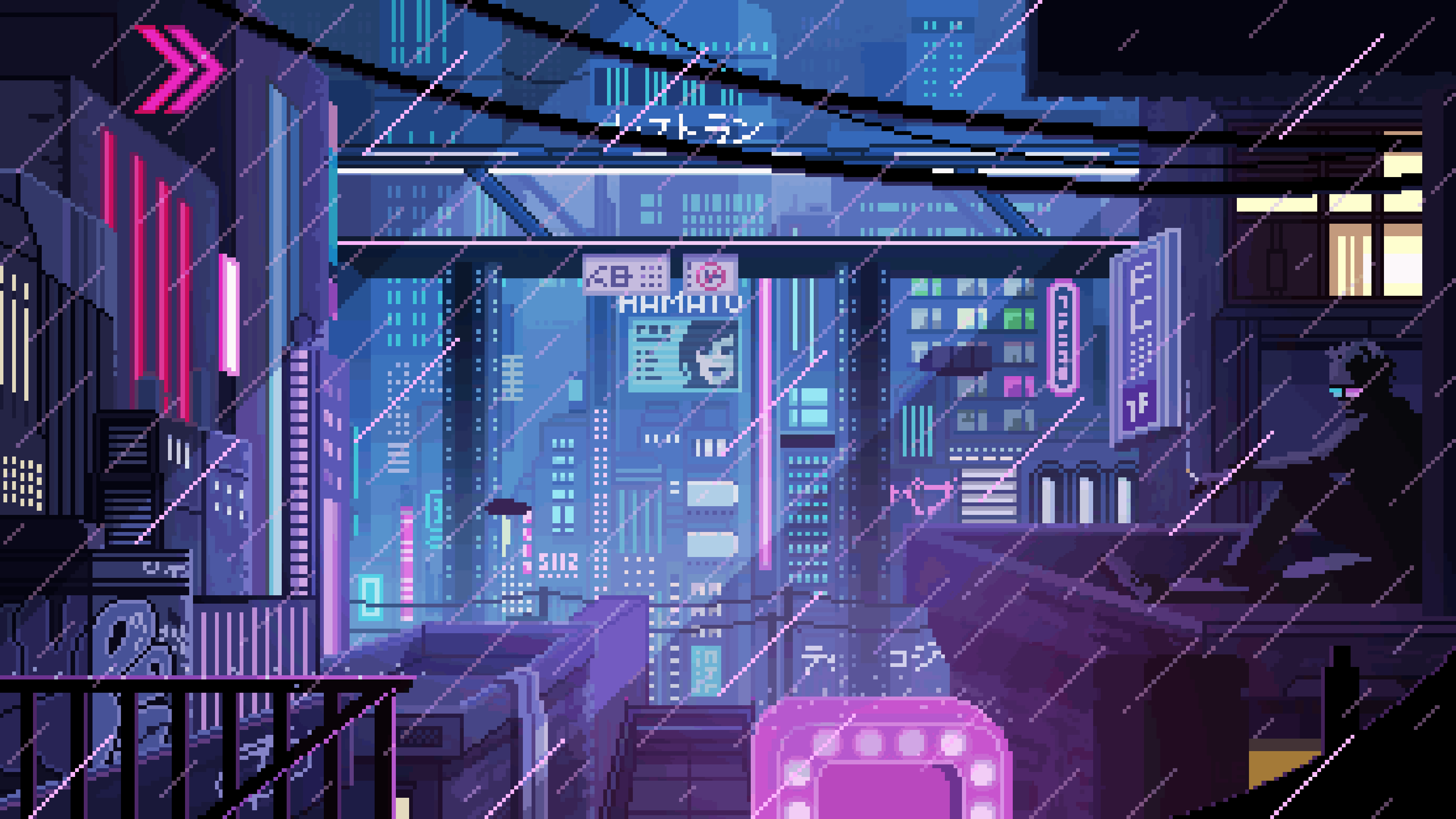 Digital Art Pixel Art Pixelated Pixels Rain Balcony Night Neon Sitting Urban Cyberpunk Building 3840x2160