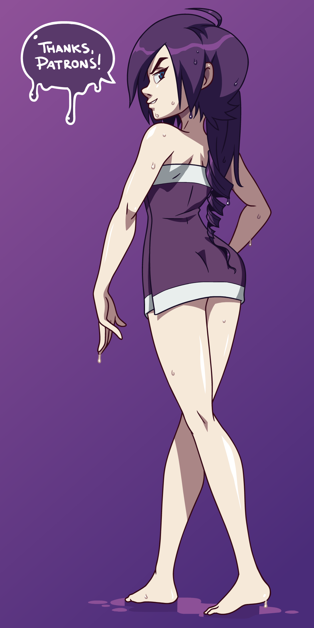 Zone Tan Zone Sama Towel Simple Background Digital Art Speech Bubble Purple Hair Ponytail Blue Eyes  1100x2200