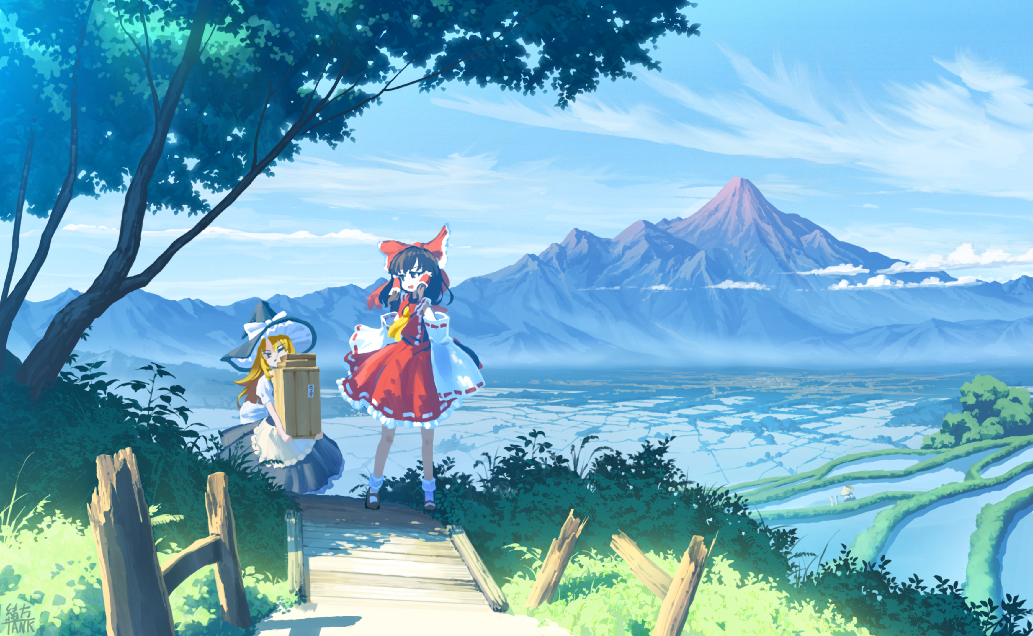 Touhou Hakurei Reimu Kirisame Marisa Sky Terraced Field Rice Terrace Clouds 3500x2155