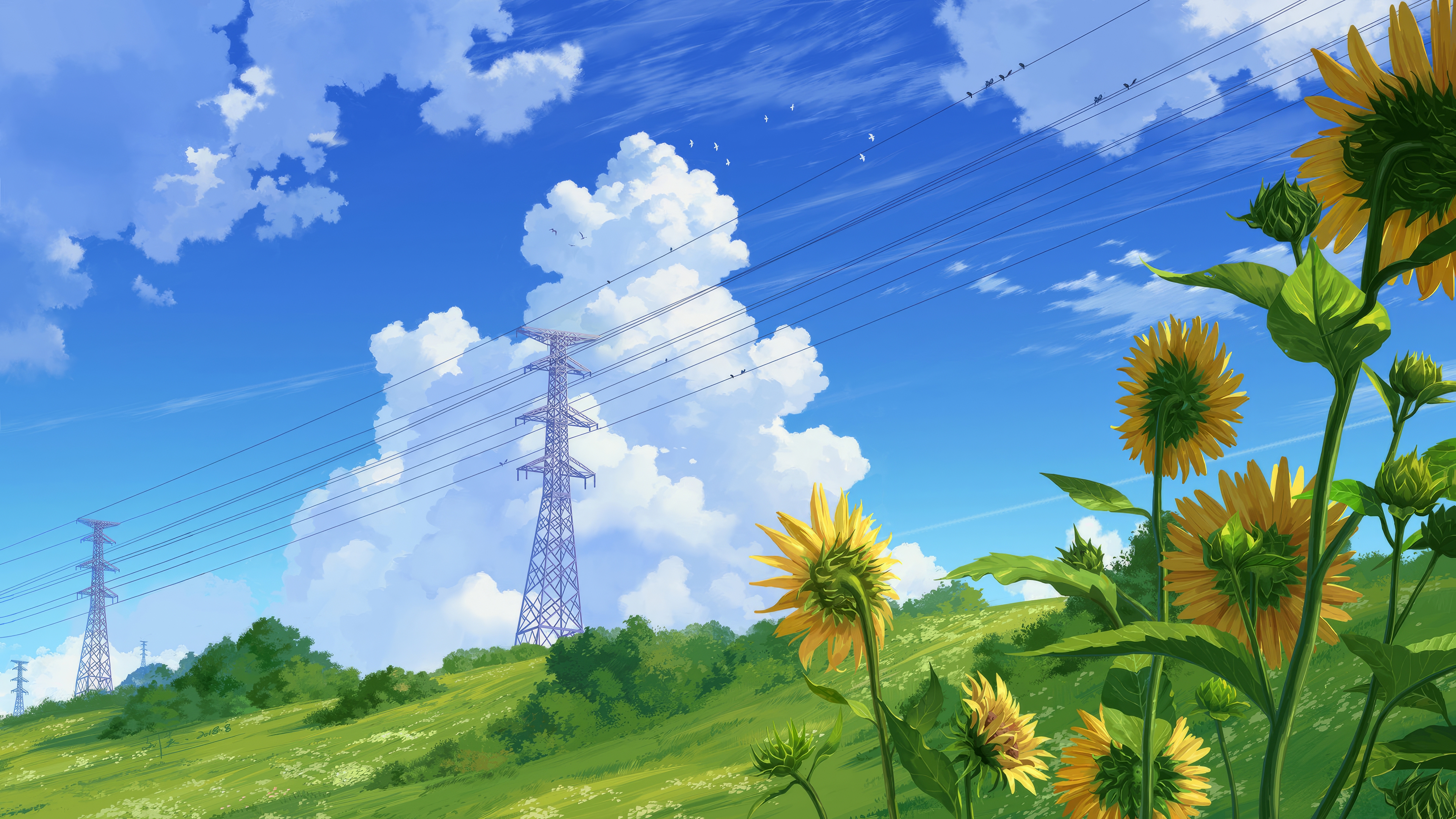 Scenery Drawn Sunflowers Green Nature Transmission Tower Clouds Blue Grass Shrubs Swarm Of Birdds 3840x2160