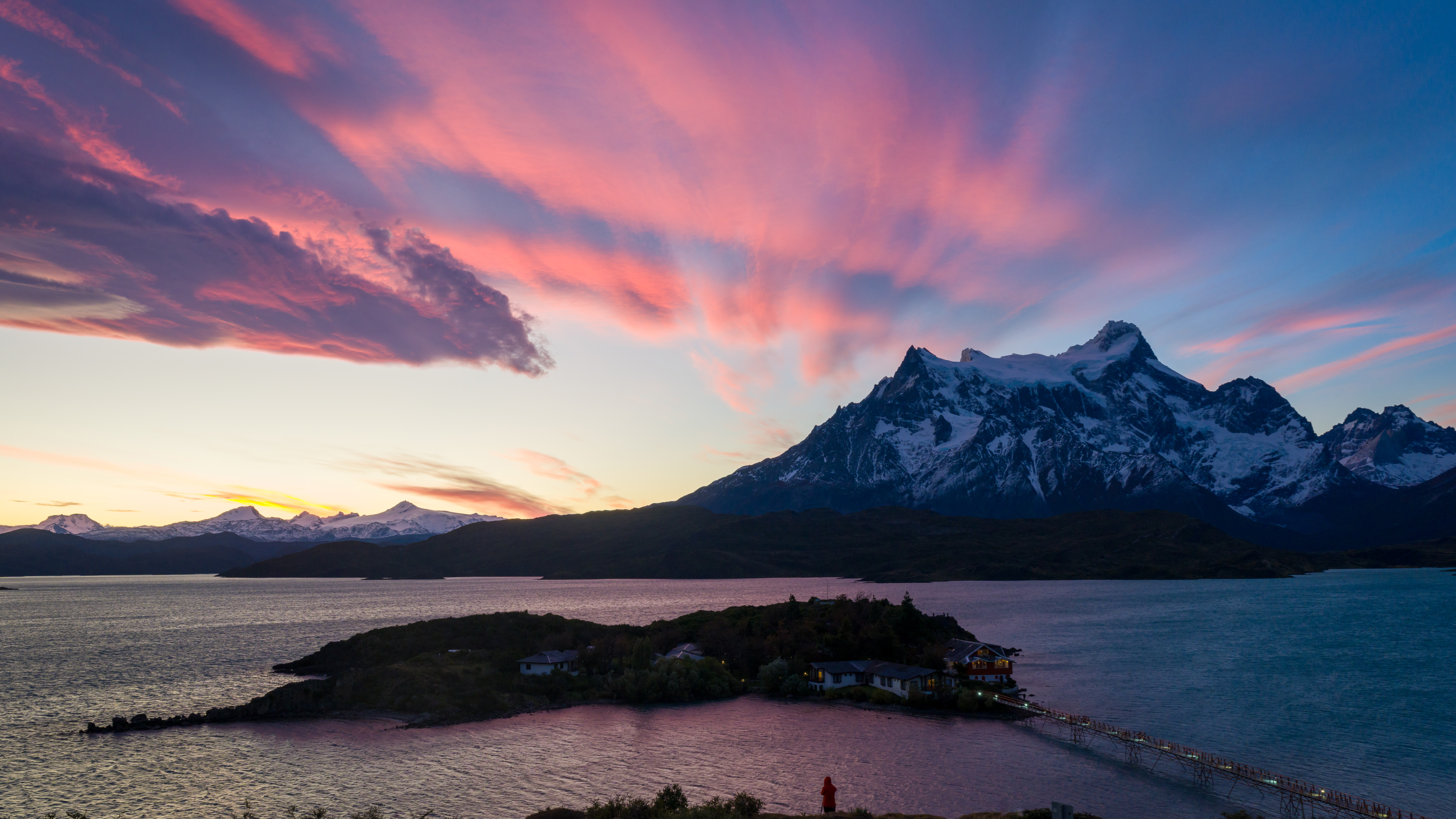 Nature Landscape Mountains Island Clouds Sky Pink Clouds Water River House Bridge Sunrise Far View S 3840x2160