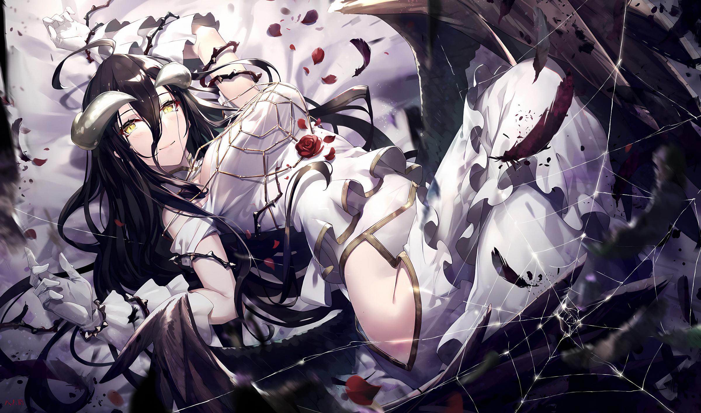 Anime Anime Girls Overlord Anime Albedo OverLord Long Hair Wings Black Hair Looking At Viewer Smilin 2400x1416