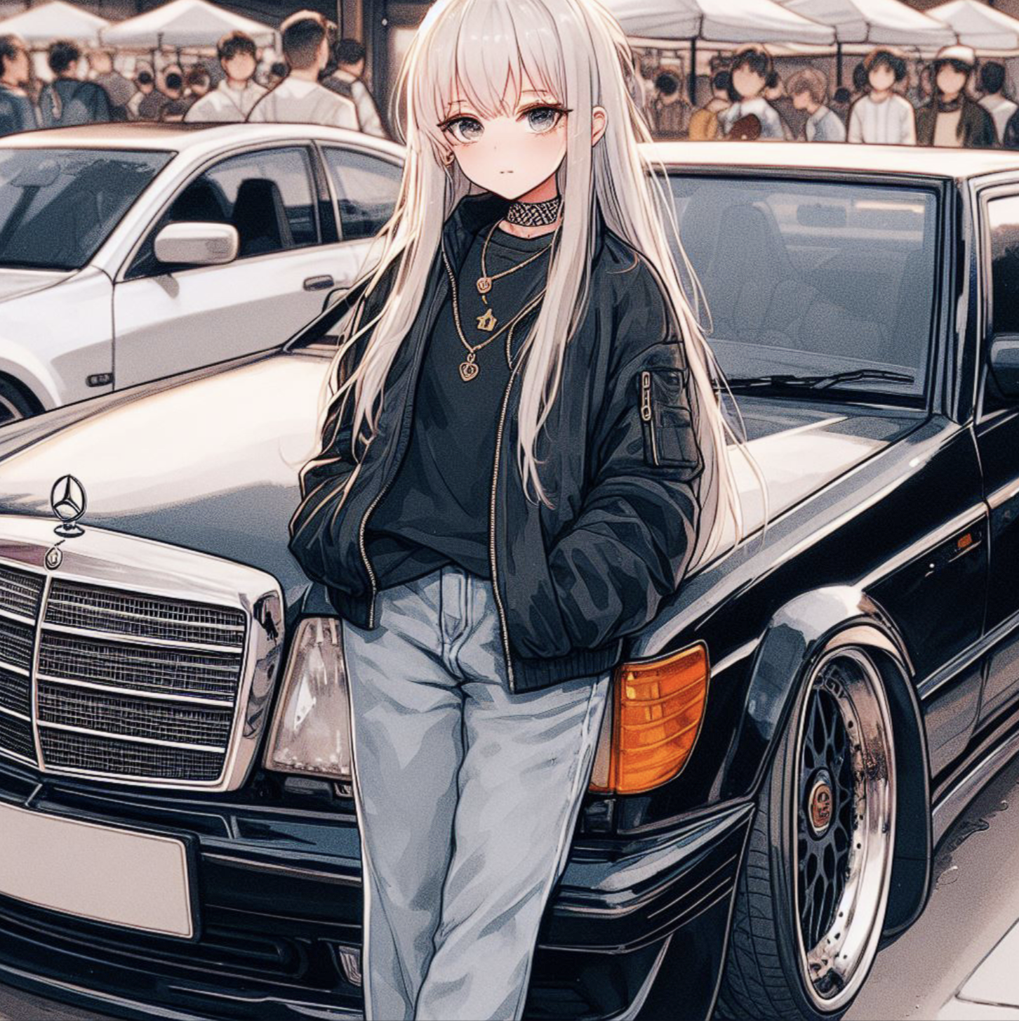 Anime Anime Girls Artwork Car Vehicle Mercedes Benz Jacket Choker Necklace Car Meets Ai Illustration 1452x1454