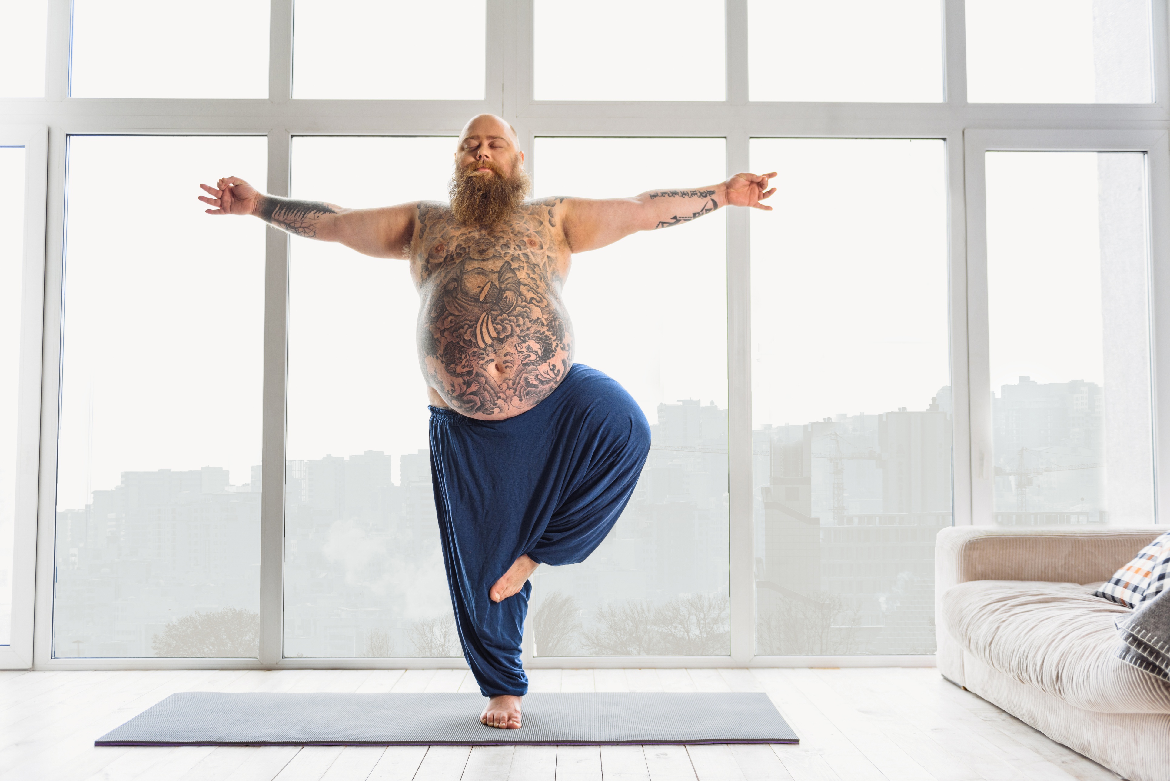 Barefoot Tattoo Beard Yoga Men Shirtless Yoga Mat Indoors Window Overweight Bald 3862x2578