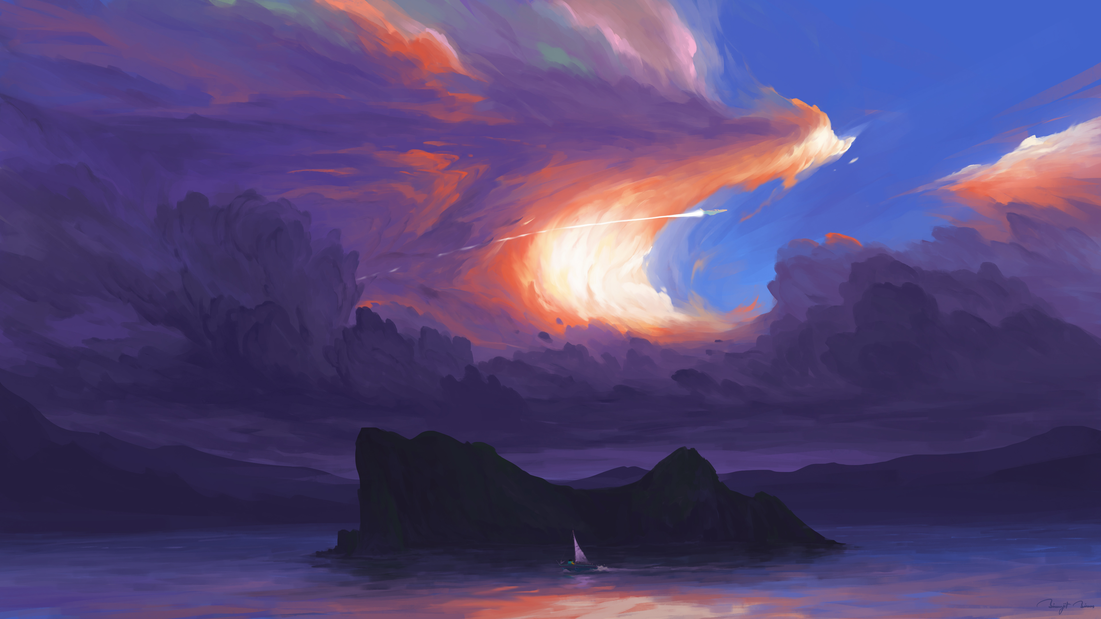 BisBiswas Digital Art Artwork Illustration Landscape Clouds Sea Water Mountains Sky Boat Jet Fighter 3840x2160