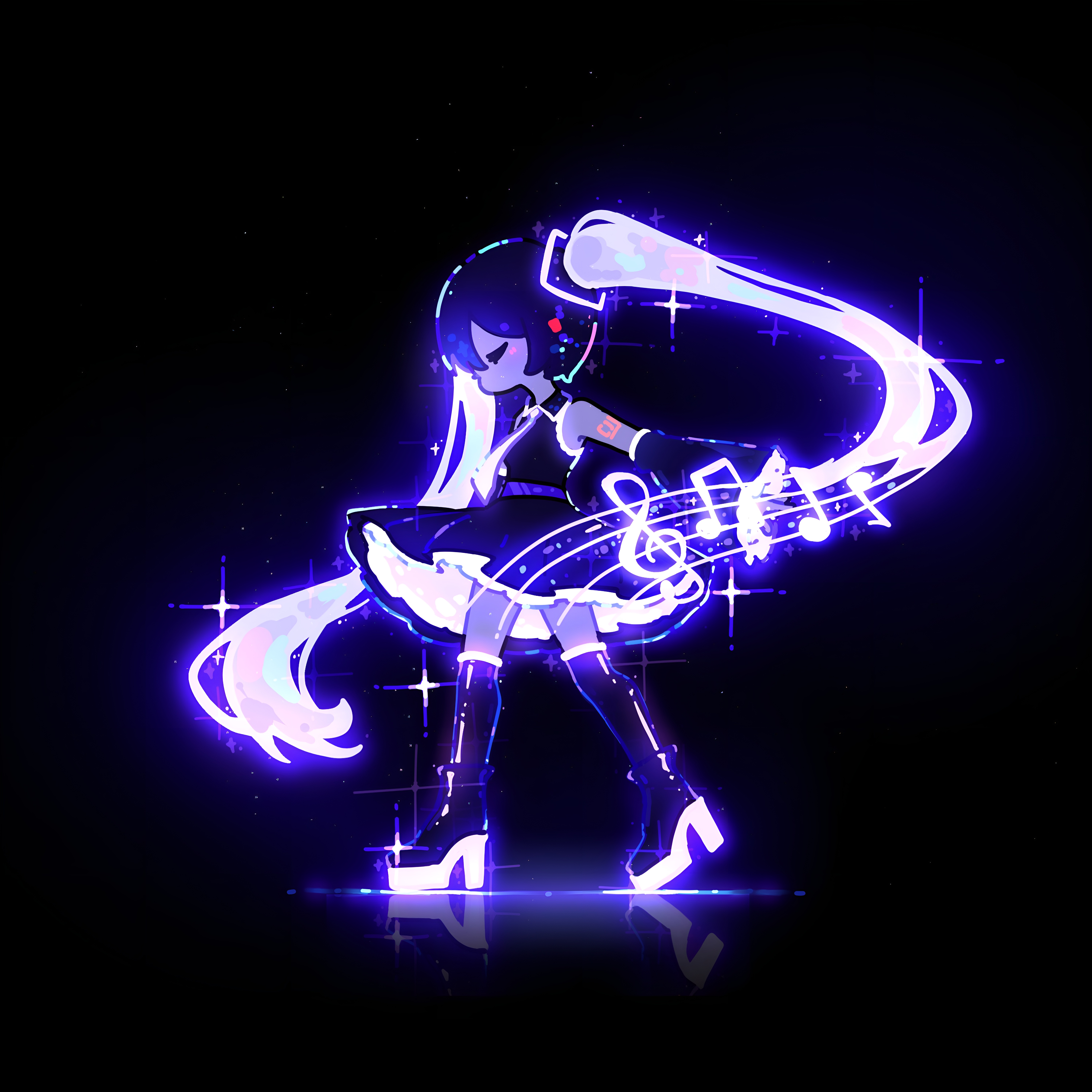 Hatsune Miku Digital Art Artwork Upscaled Simple Background Black Dress Neon Glowing Musical Notes V 6000x6000