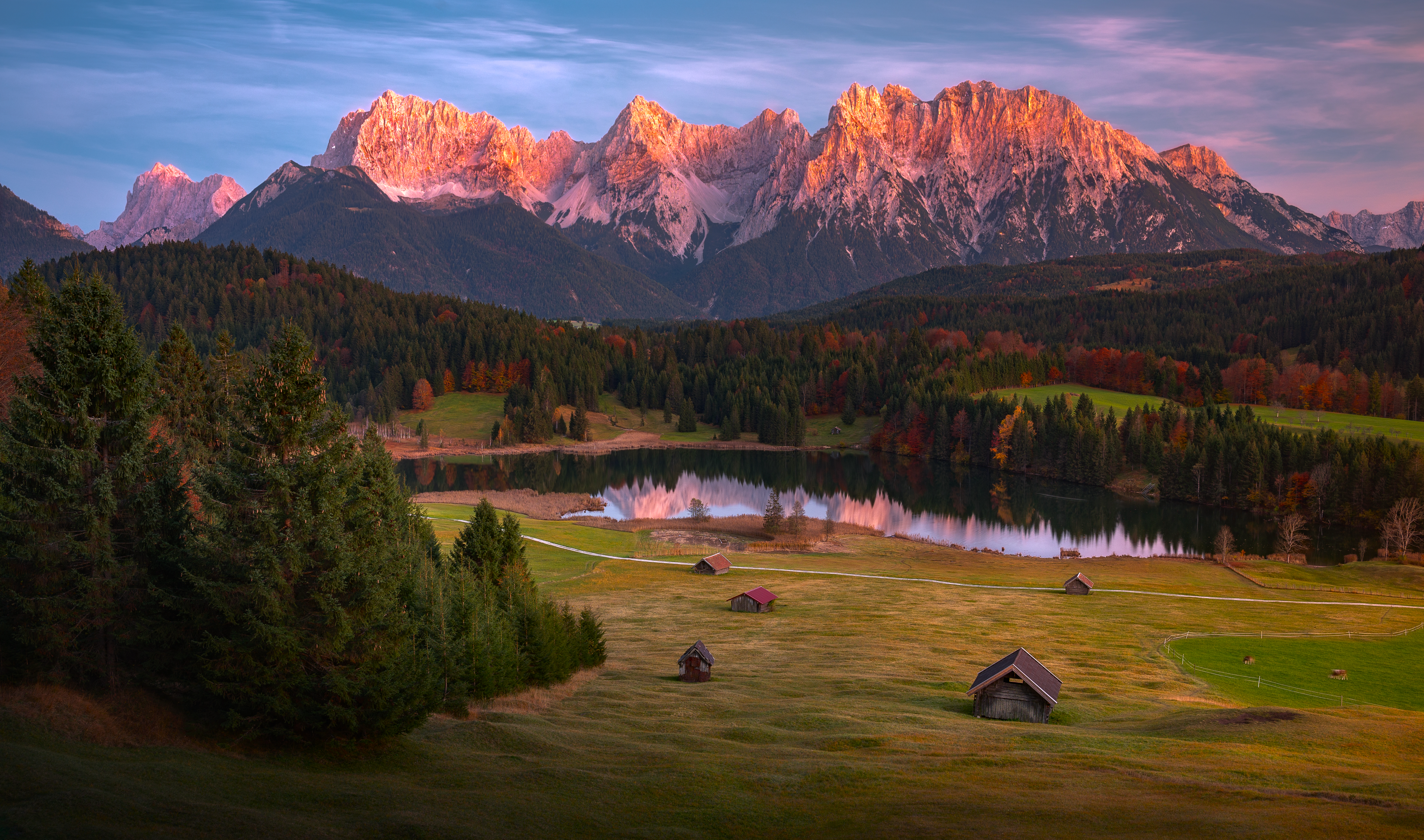 Nature Landscape Sky Clouds Mountains Trees Grass Field House Cabin Lake Snowy Peak Pine Trees Bavar 4000x2360