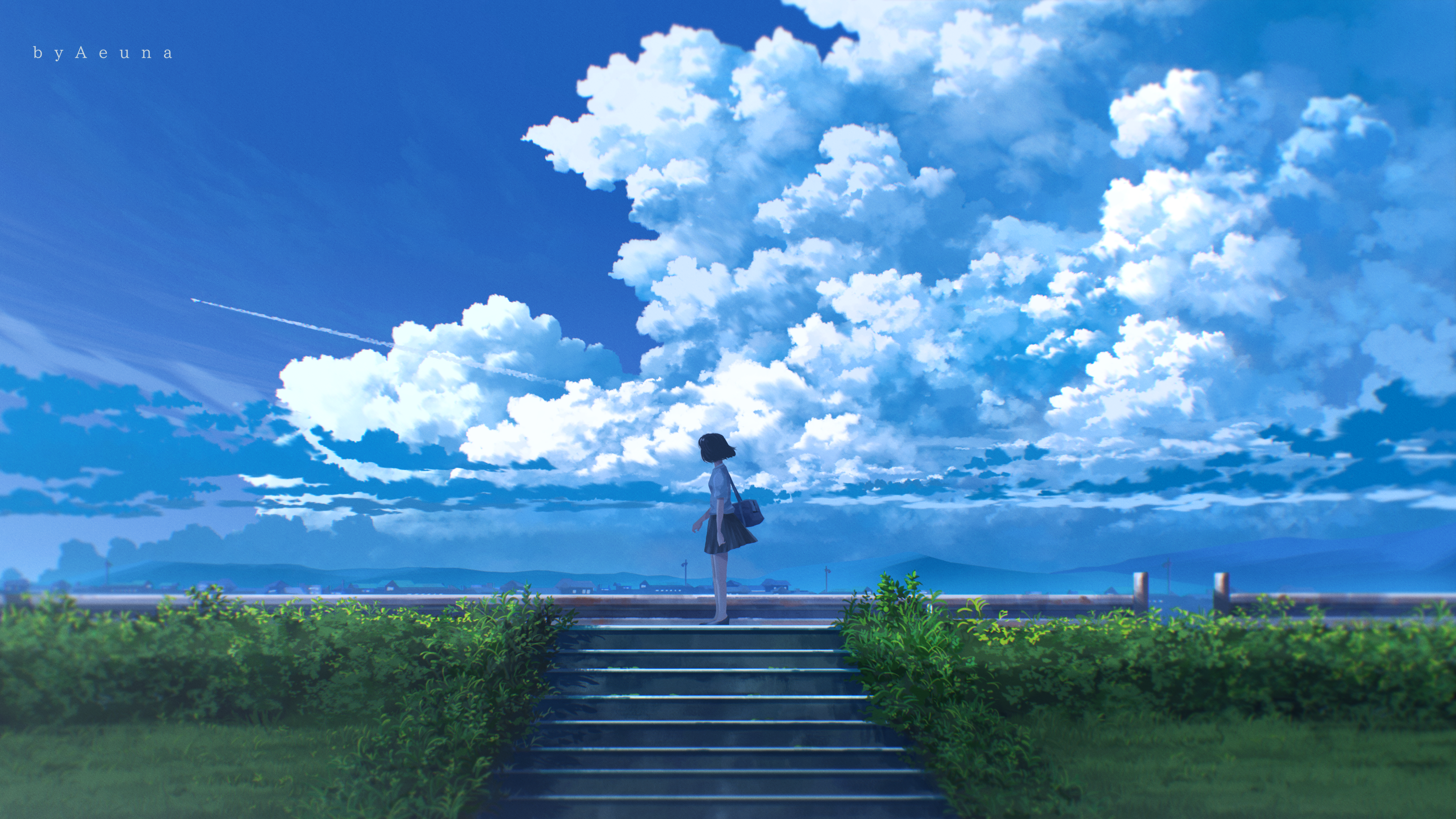 Artwork Digital Art Illustration Anime Anime Girls Sky Clouds Airplane Grass Stairs Skirt Short Hair 3840x2160