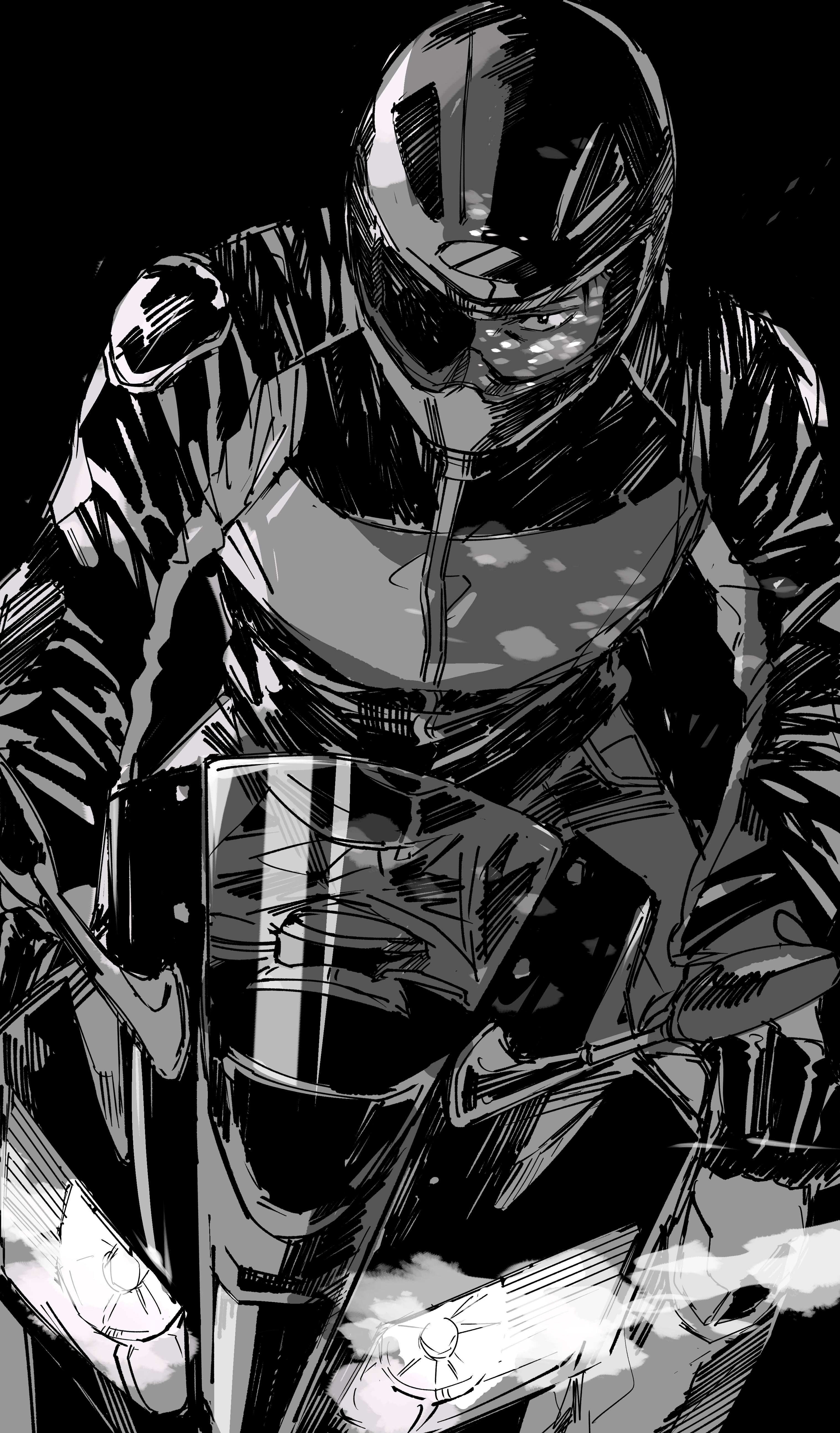 Monochrome Low Saturation Motorcycle Helmet Looking At Viewer Sketches 3035x5176