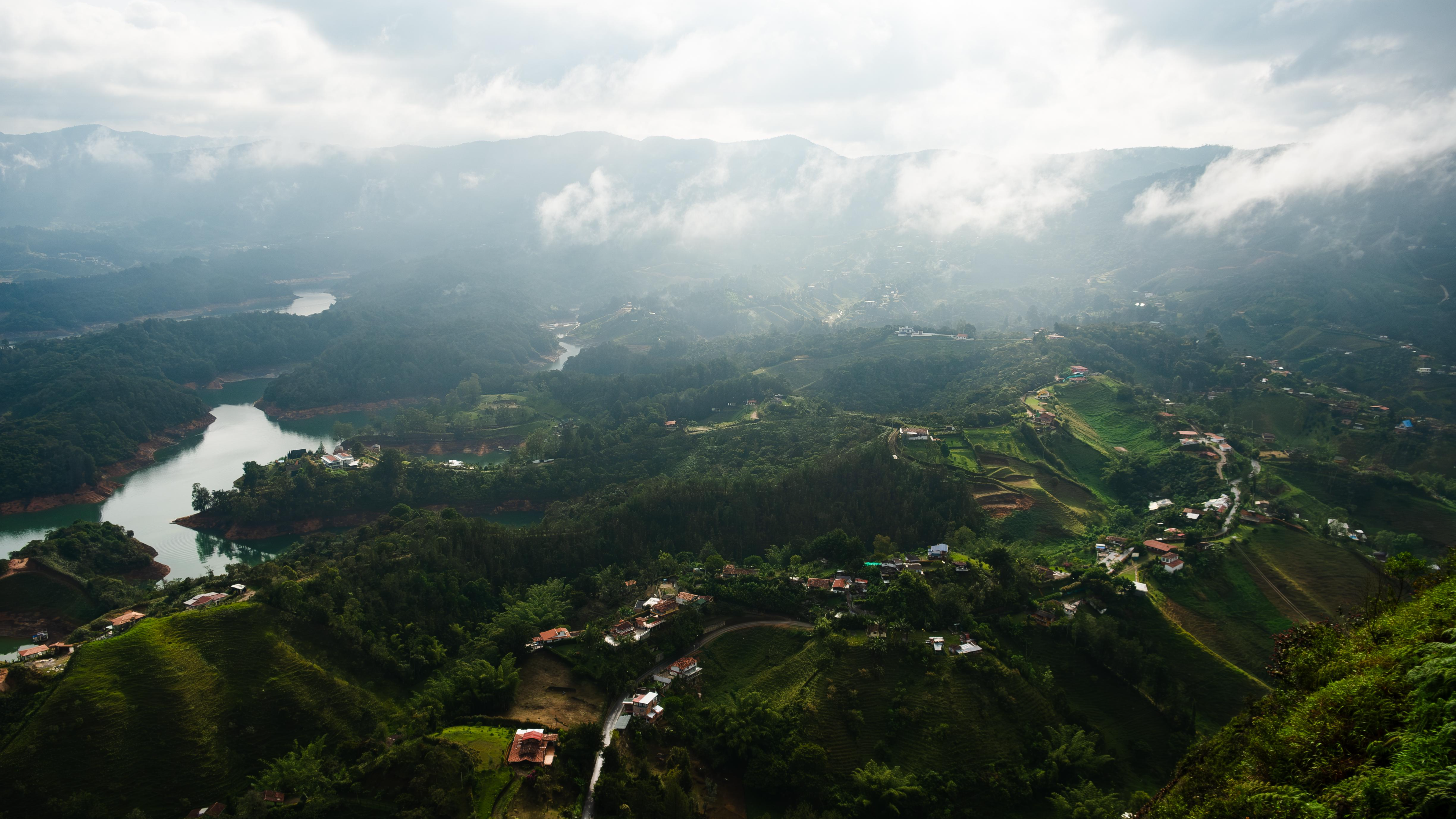 Nature Landscape Mountains Clouds Trees Grass Plants House River Aerial View Drone Photo Colombia 3840x2160