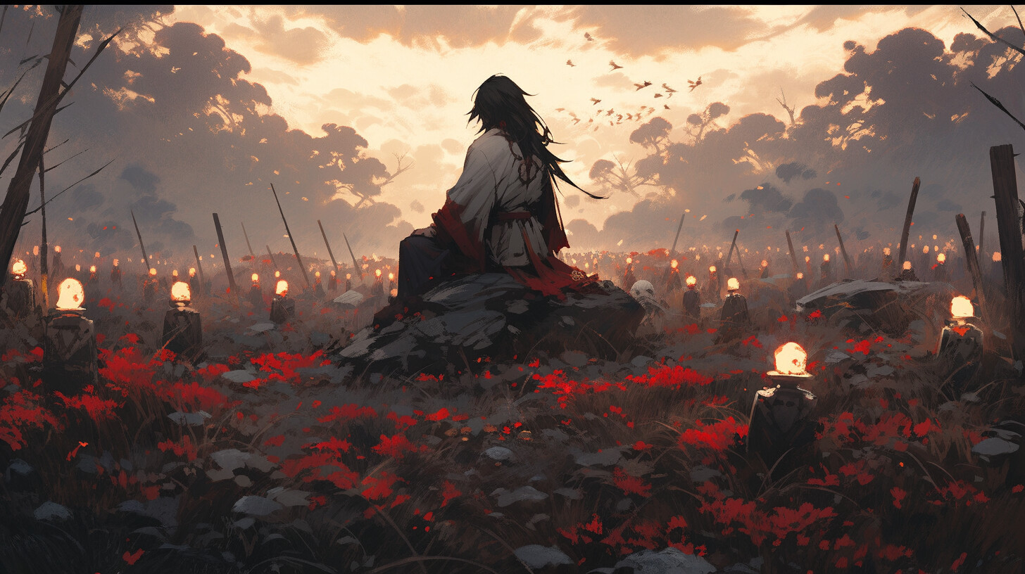 Sunset Flowers Nature Outdoors Samurai Anime Boys Peace Grass Graveyards Lights Sitting Long Hair Da 1456x816