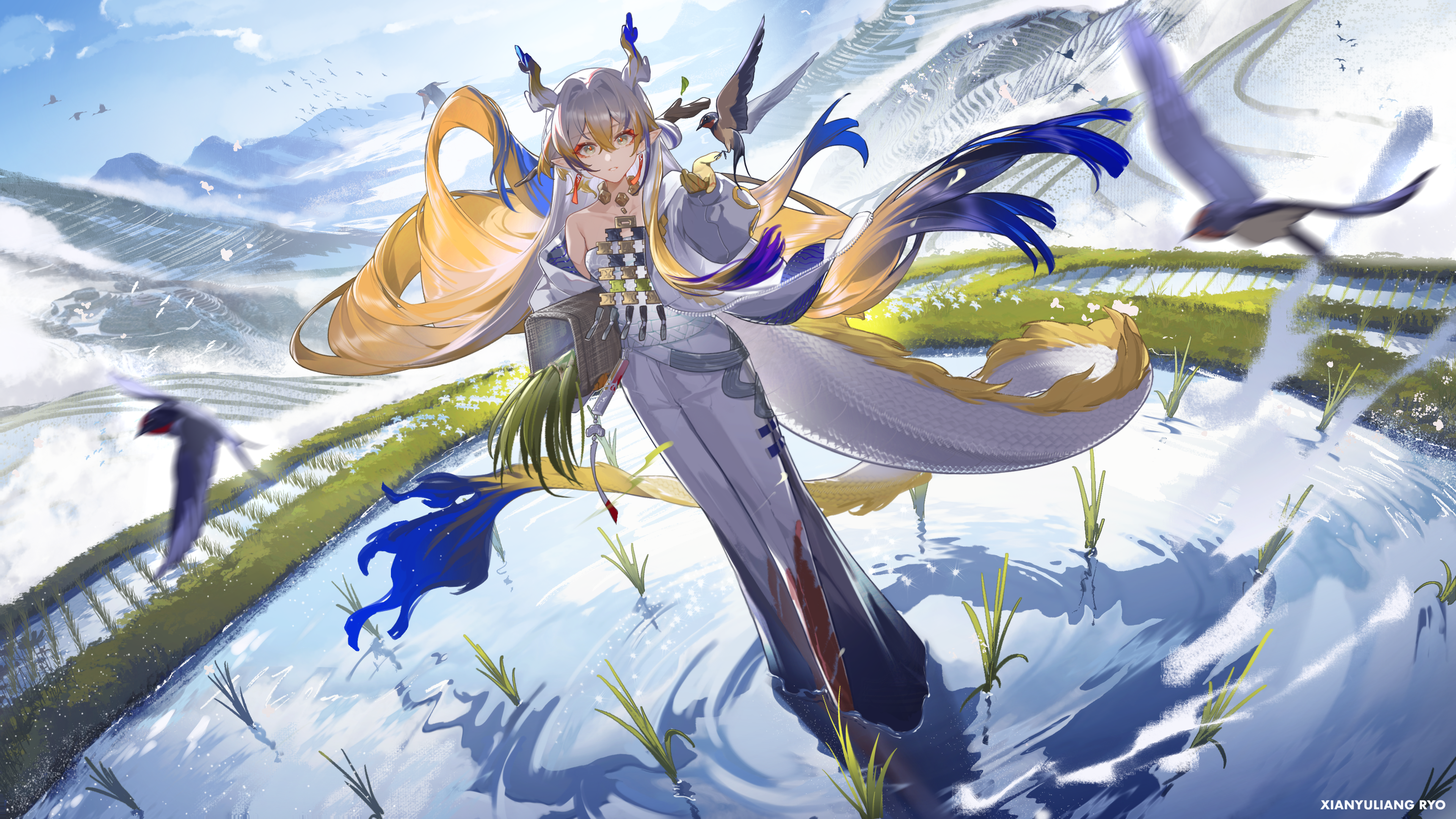 Arknights Pointy Ears Shu Arknights Birds Multi Colored Hair Horns Looking At Viewer Clouds Water St 3840x2160