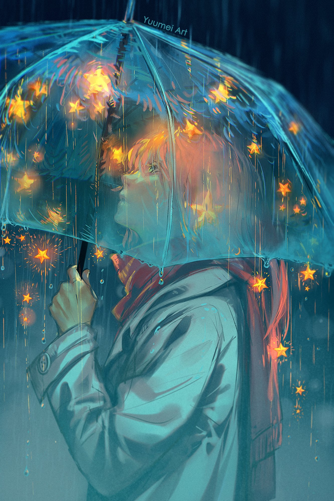 Yuumei Portrait Display Umbrella White Coat Pink Hair Red Scarfs Profile Looking Up Sparkles Long Ha 1333x2000