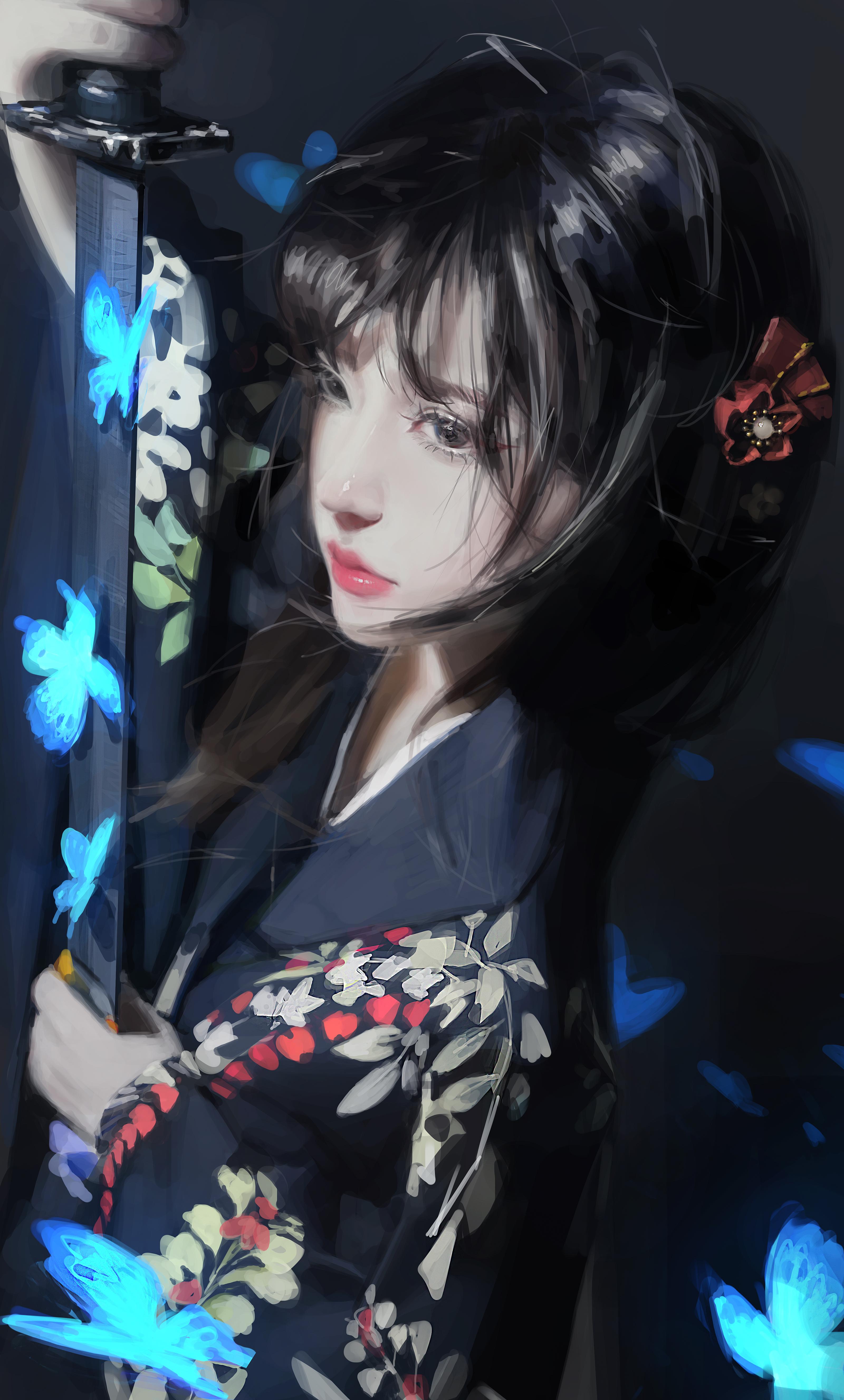 TEAMO Artist Women Portrait Digital Art Artwork Illustration Asian Katana Long Hair Dark Hair Butter 3200x5306