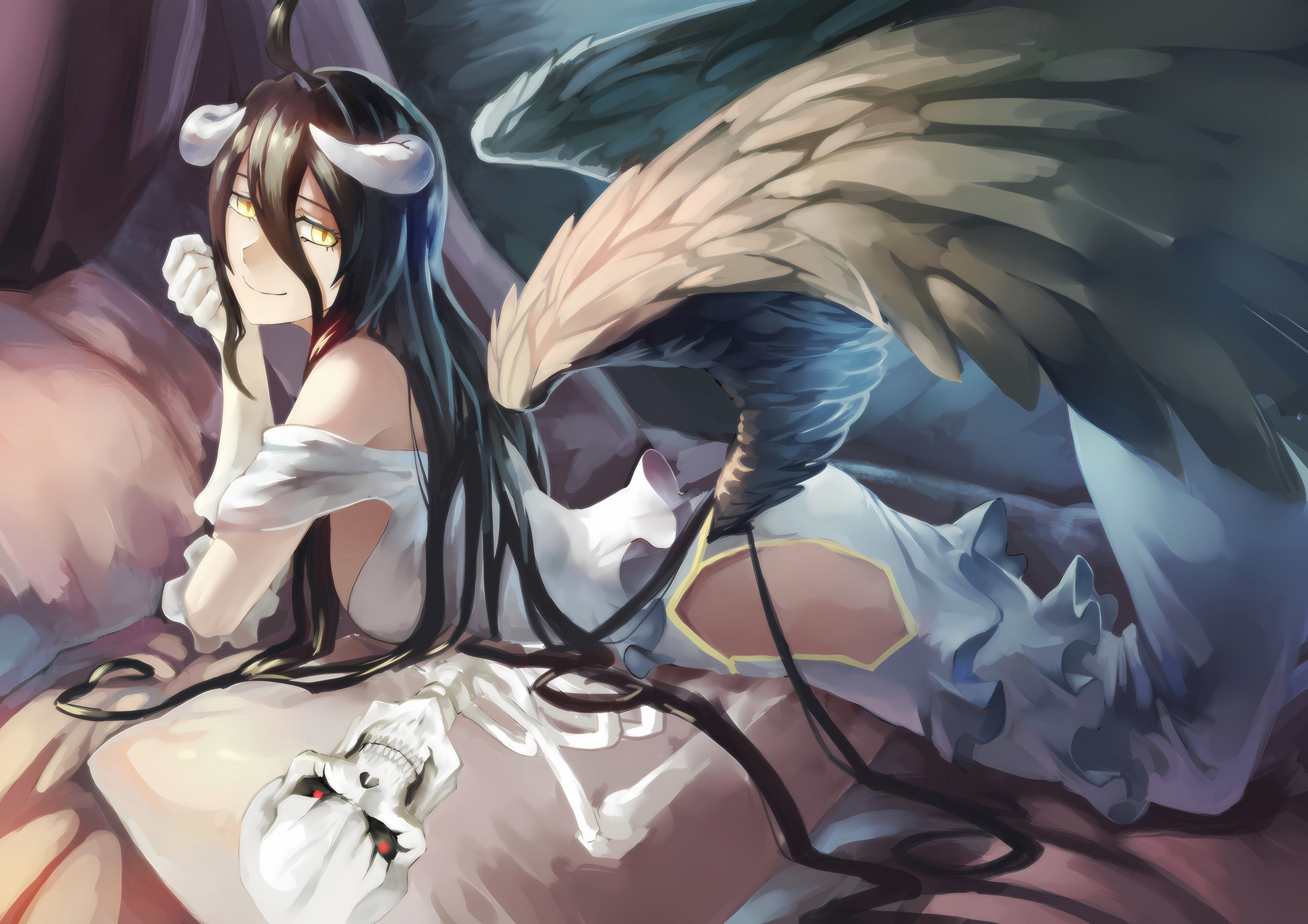 Anime Anime Girls Overlord Anime Albedo OverLord Looking At Viewer Smiling Wings Black Hair Long Hai 2400x1696