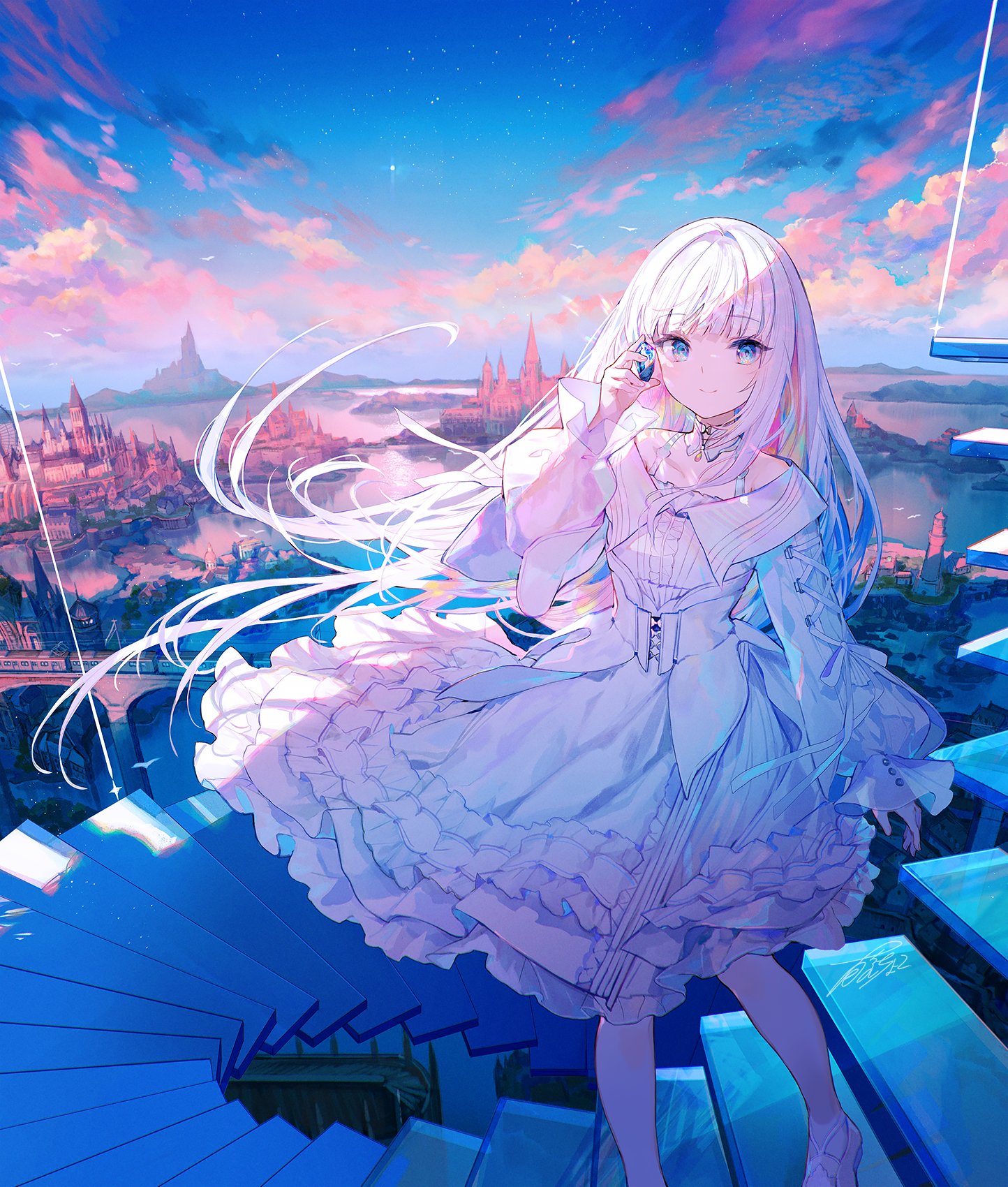 Fuji Choko Anime Anime Girls Pixiv Stairs White Dress Depth Of Field Sky White Hair Clouds 1444x1700