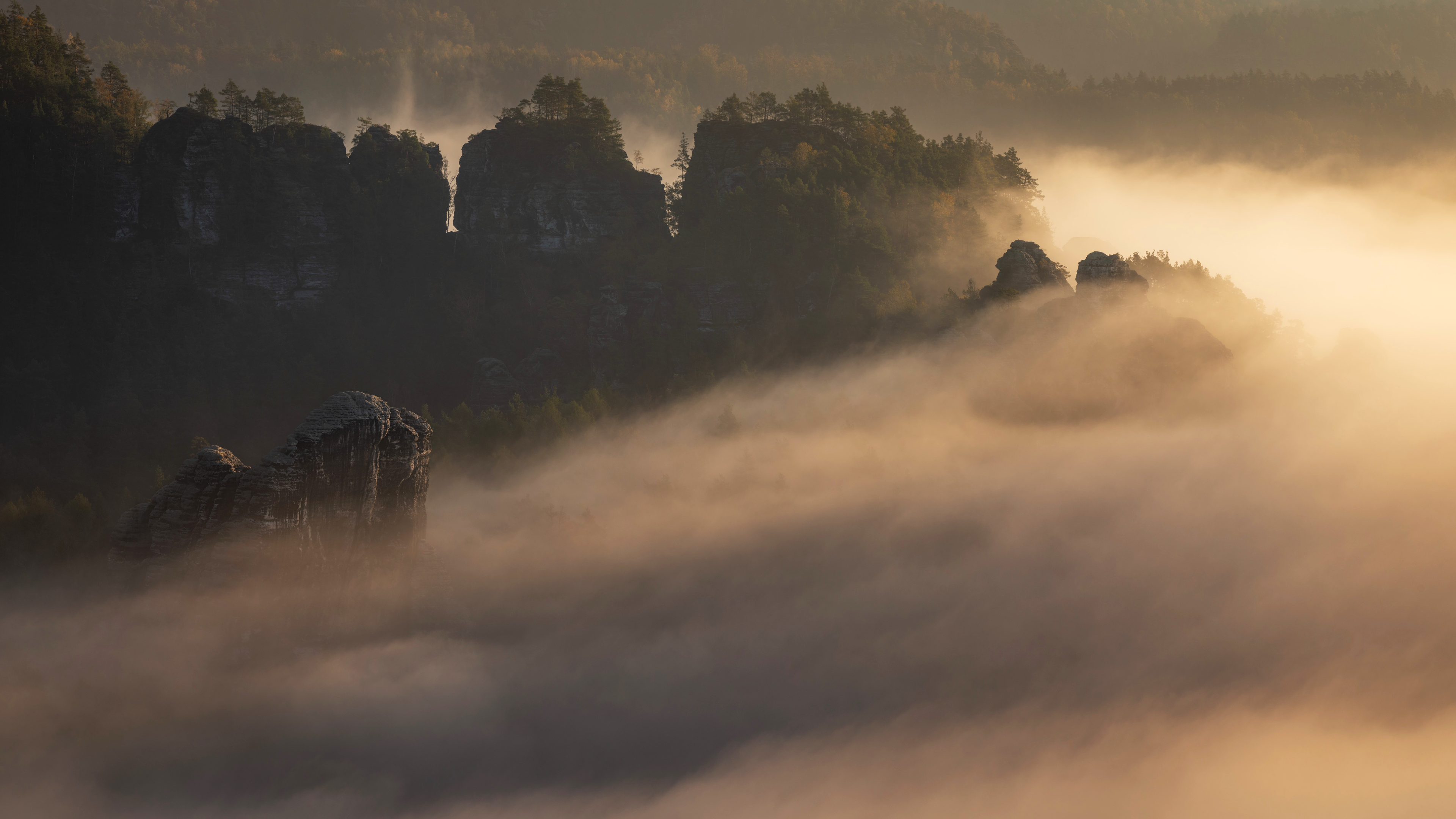 Nature Landscape Mountains Rocks Mist Trees Mountain View Sunrise Golden Hour Saxon Switzerland Germ 3840x2160