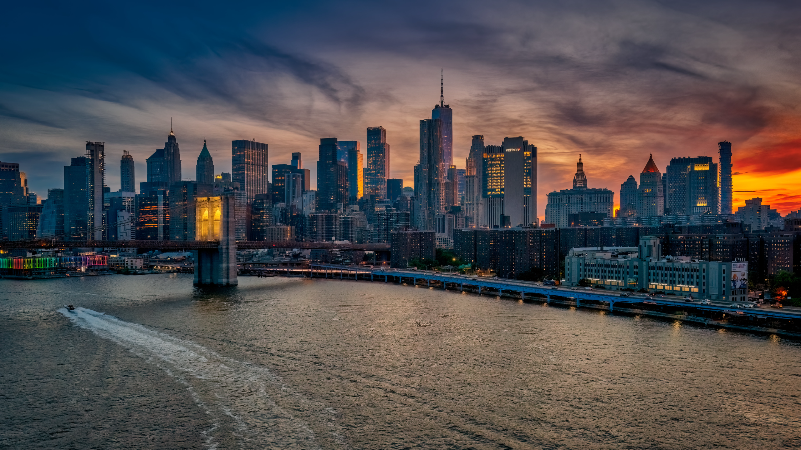 Landscape City Building Clouds Sky Sunset Lights River Boat Bridge Skyscraper Road Car Cityscape Urb 2560x1440