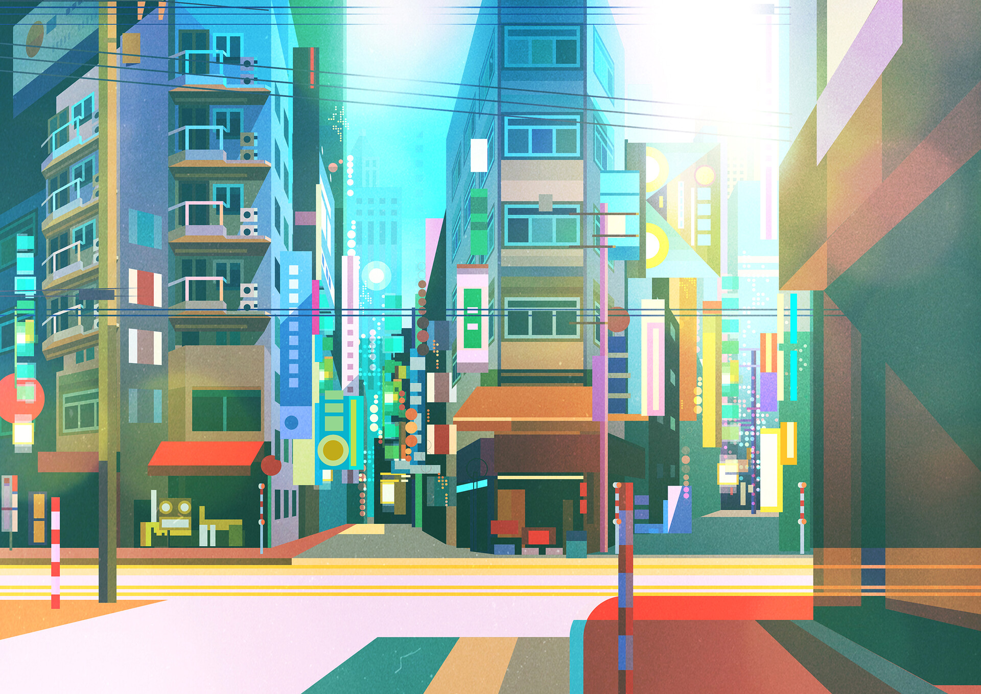 City Building Power Lines Billboards Signs Road Sign Sunny Apartments Street James Gilleard 1920x1358