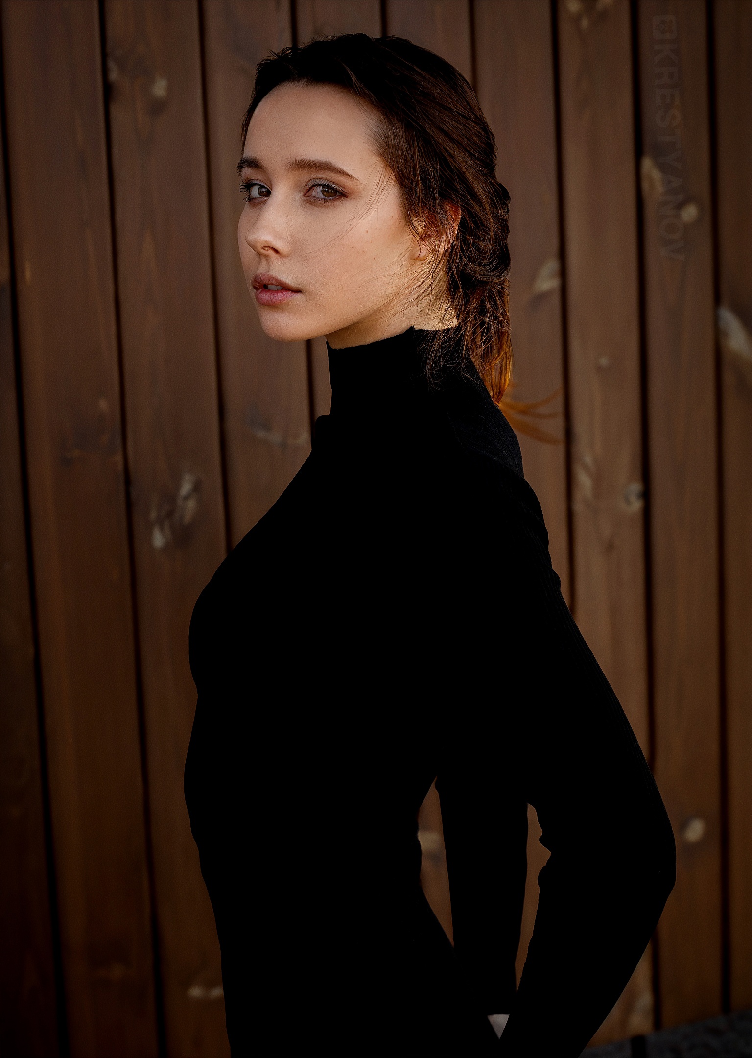 Evgeniy Krestyanov Women Black Clothing Looking At Viewer Planks Profile Model Brunette Turtlenecks  1536x2160