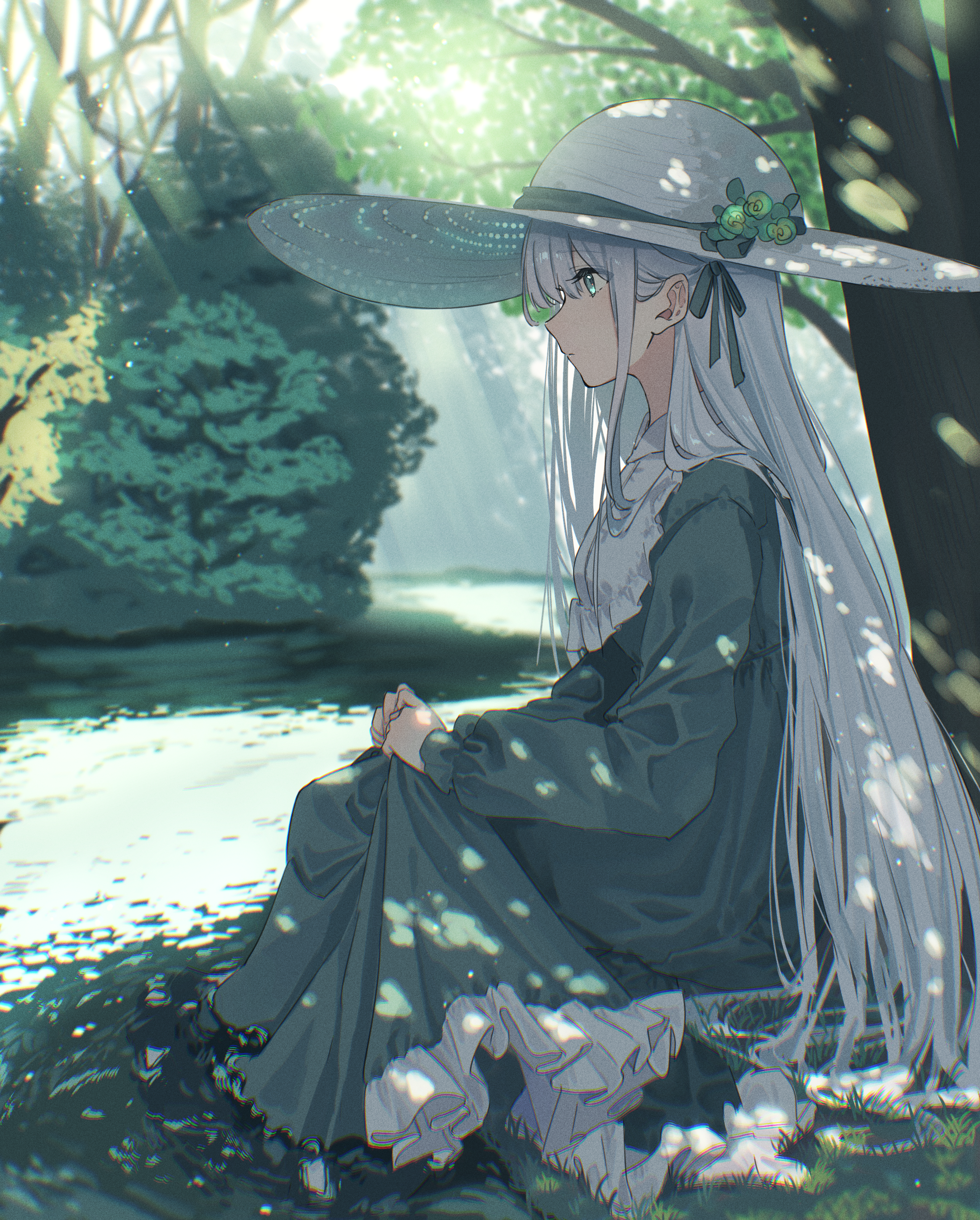 Anime Anime Girls Hat White Hair Dress Outdoors Trees Water 2570x3200