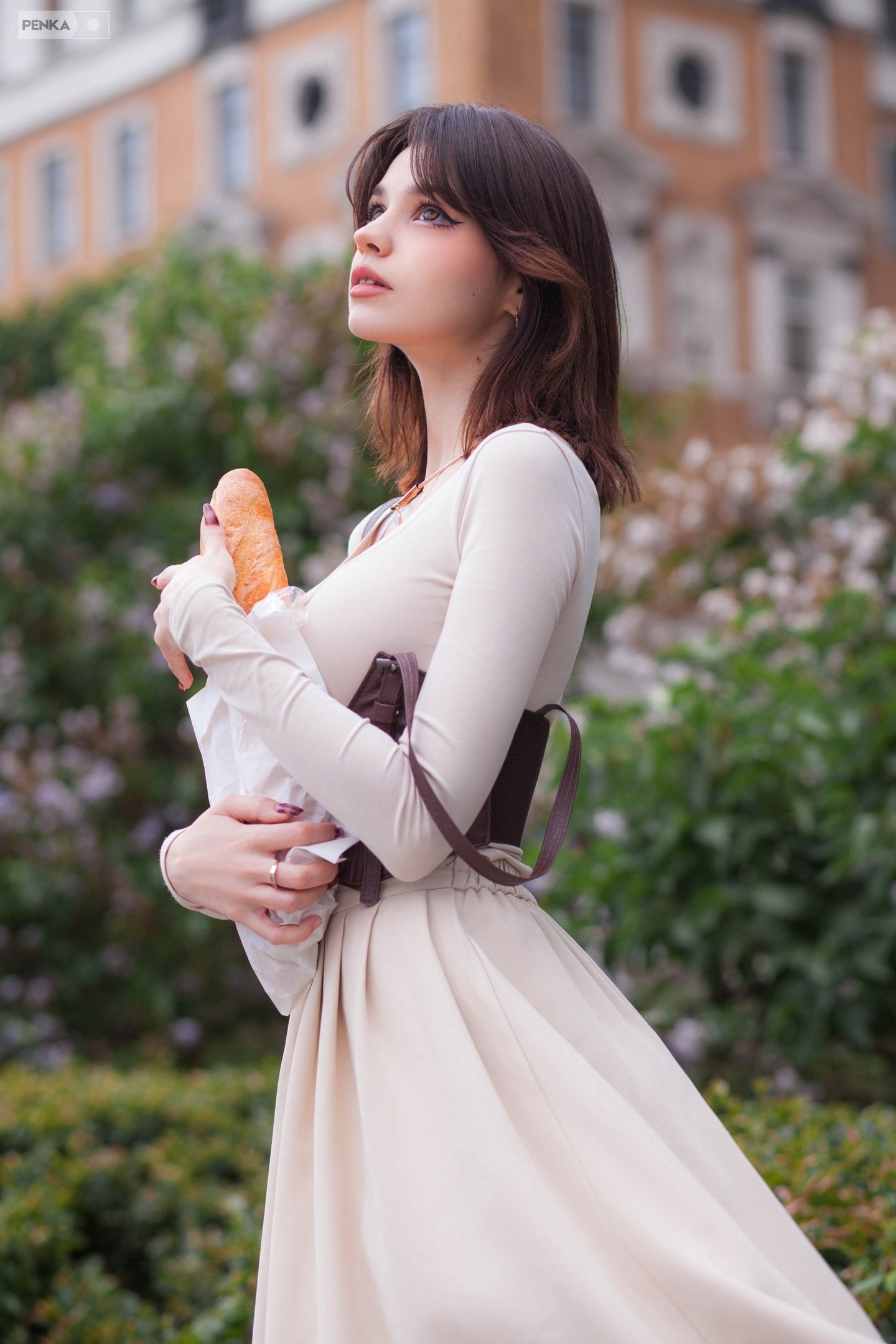 Penka Rui Women Dress Outdoors Bread Baguette Brunette Model White Dress Women Outdoors 1440x2160