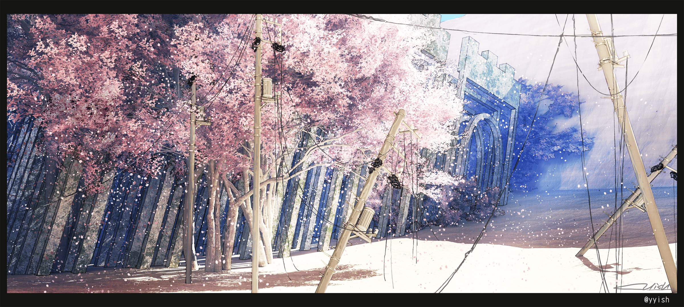 Waisshu Cherry Blossom Digital Art Sunlight Trees 2400x1078