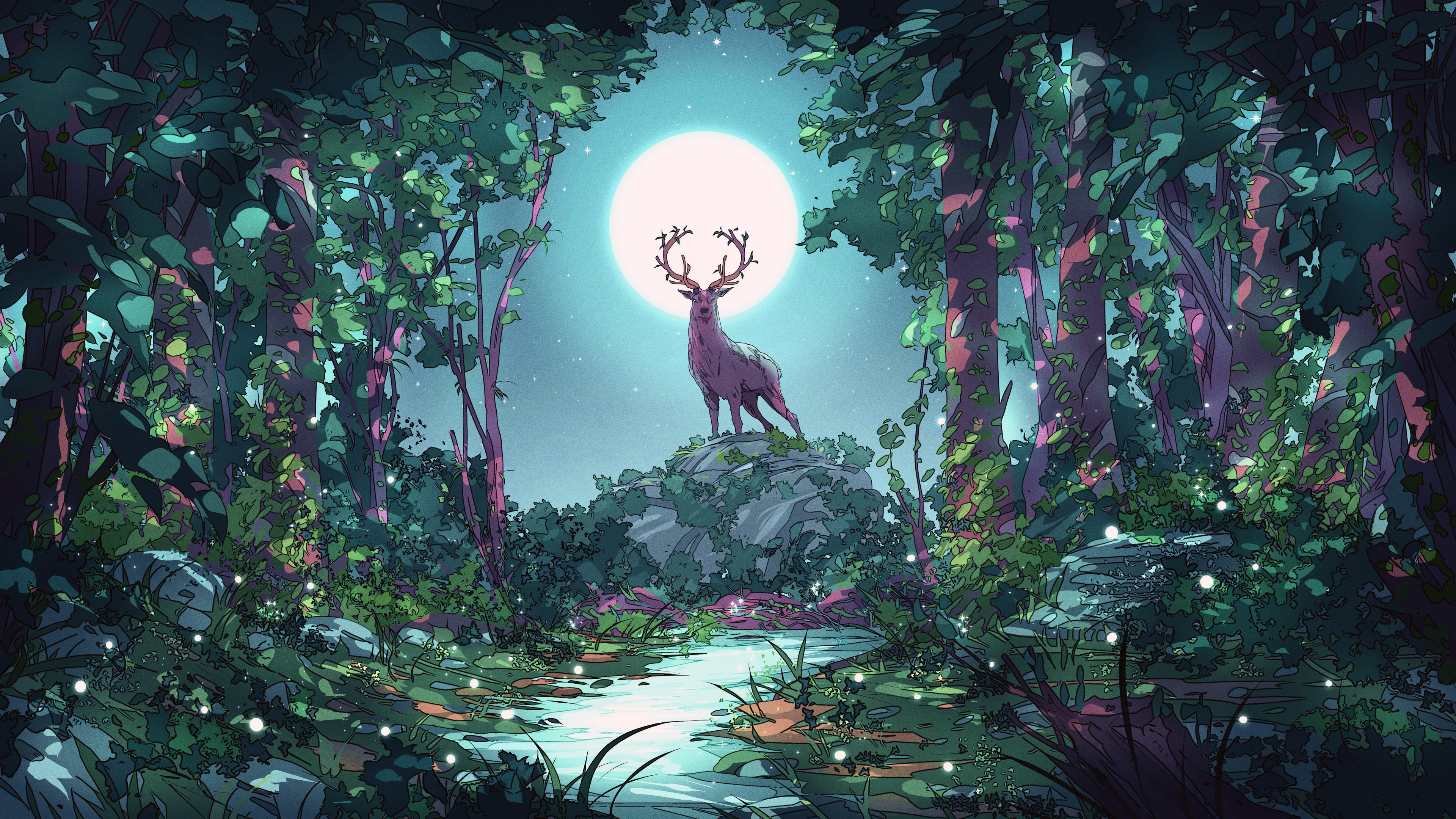 Forest Elk Digital Art Christian Benavides Trees Full Moon Moon Sky Starry Night Starred Sky Stars G 3840x2160