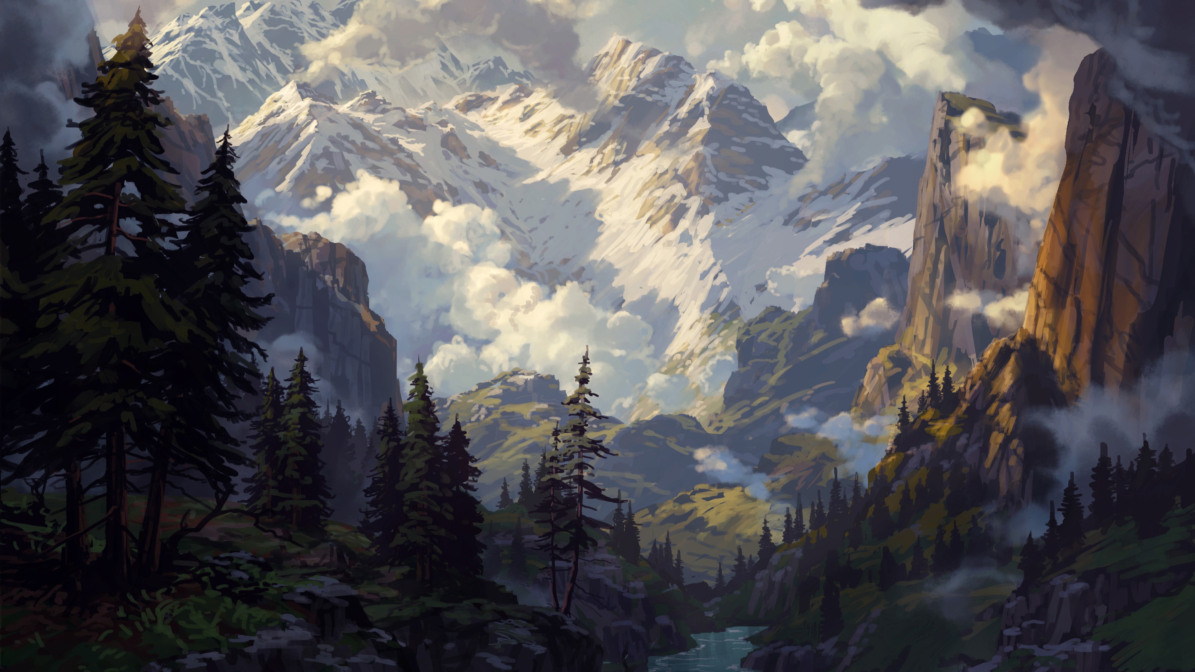 Philipp A Urlich Valley Mountains Digital Art Artwork River Clouds Pine Trees 3840x2160