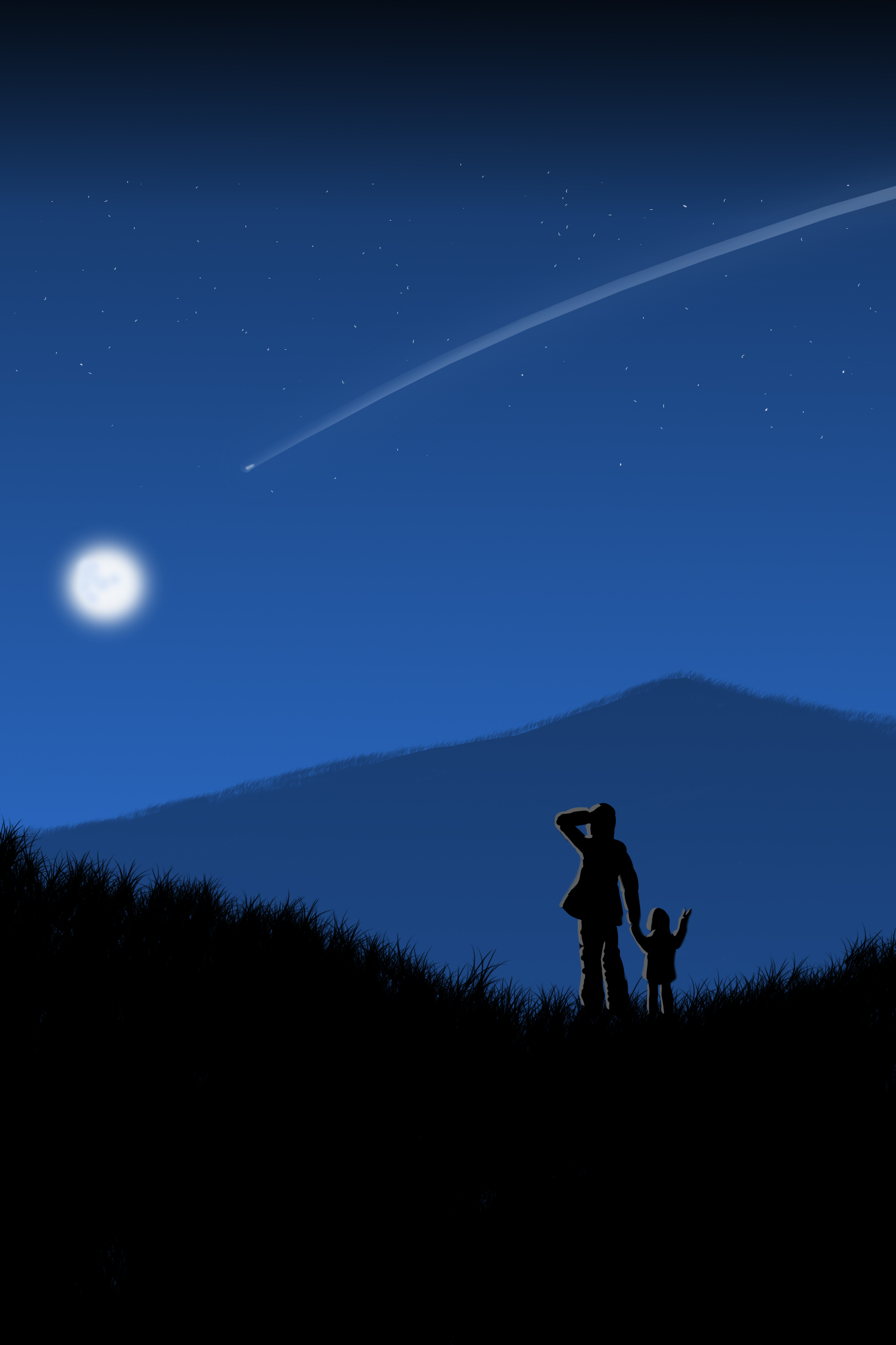 Father Mother And Daugther Stars Comet Mountains Grass Moonlight Moon 2000x3000
