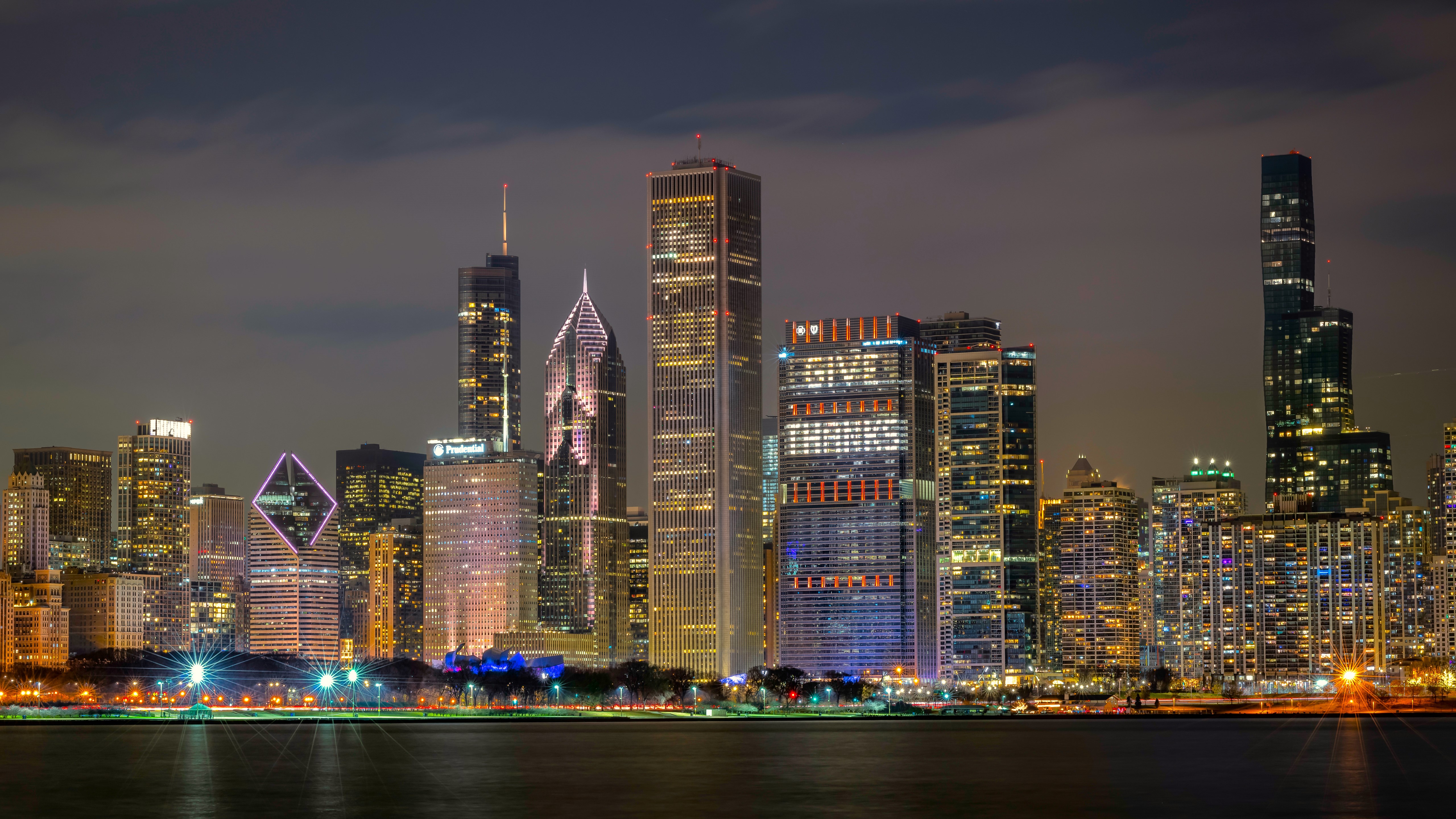 Landscape Cityscape City Urban Building Trees Lights Night Skyscraper Apartments Skyline Sky Water R 5120x2880