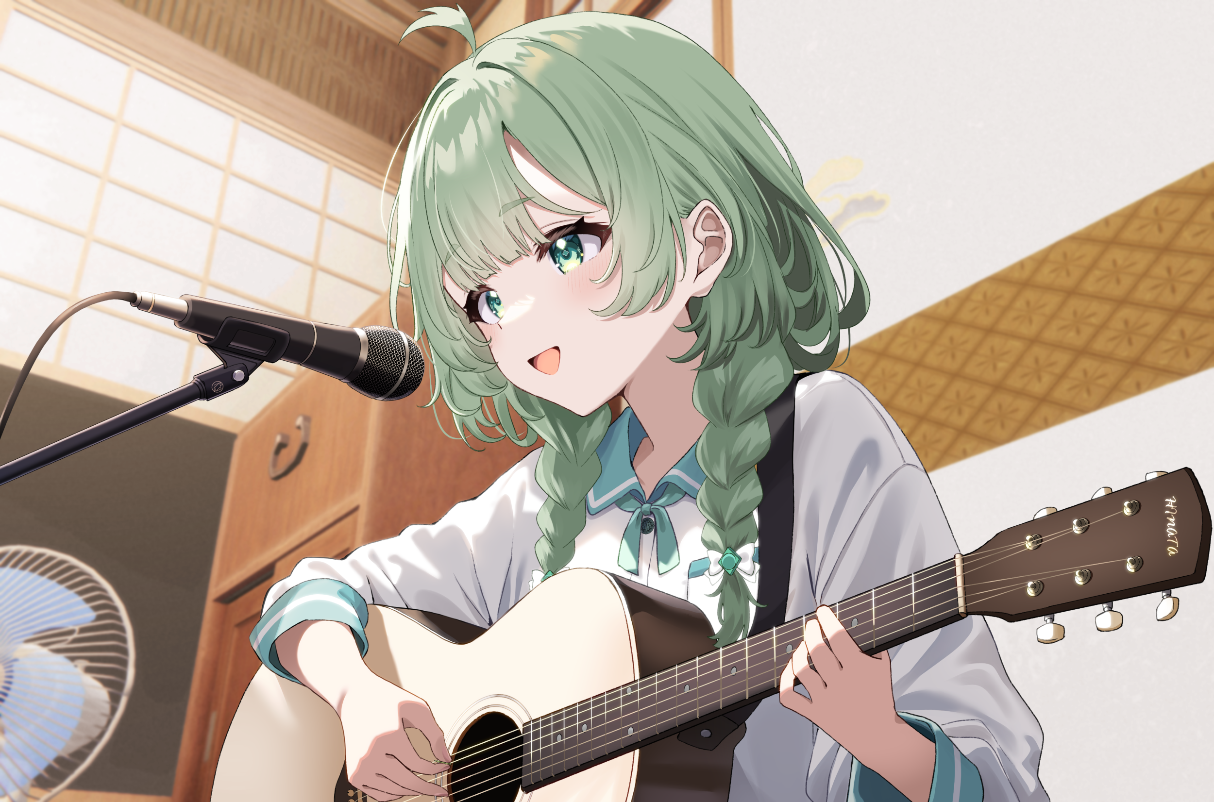 Anime Anime Girls Green Hair Green Eyes Guitar Sailor Uniform Microphone Singing 2500x1652