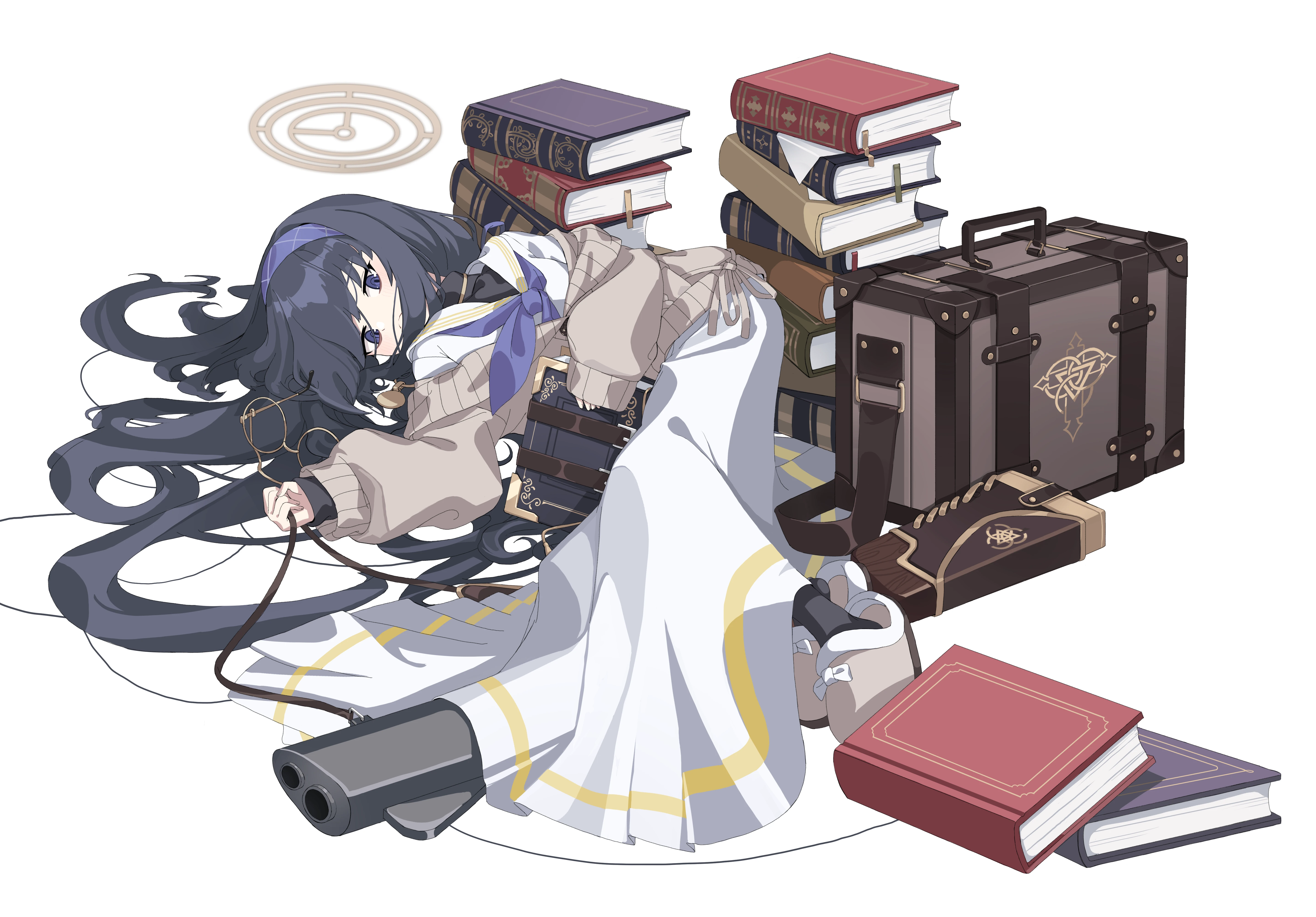 Blue Archive Anime Girls Anime Dark Blue Hair Books Lying Down White Background 5742x4000