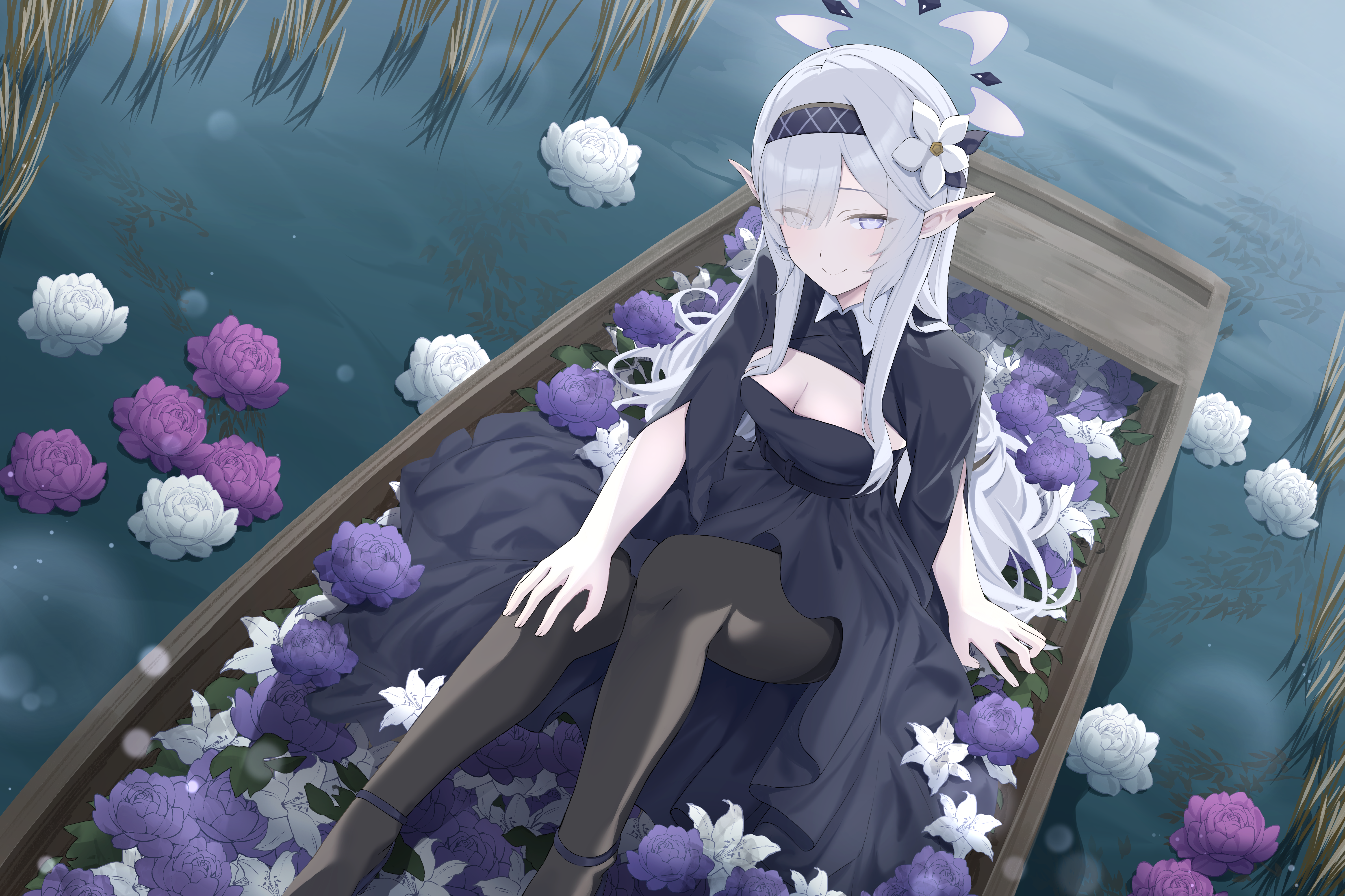 Blue Archive Anime Water Flowers Boat Peaceful Animal Ears 6000x4000