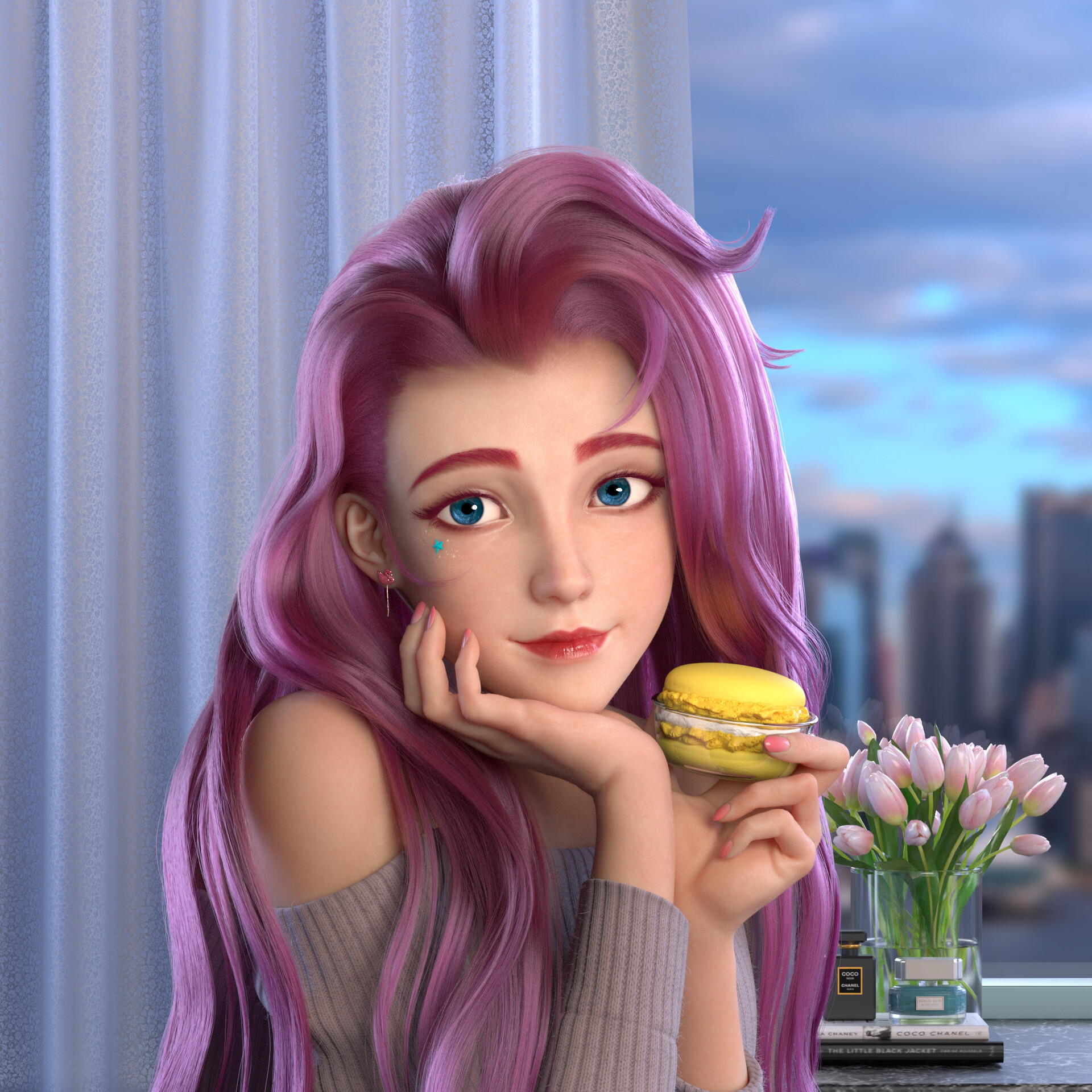 Jackson Wang CGi Seraphine League Of Legends Pink Hair Blue Eyes Macarons 1920x1920