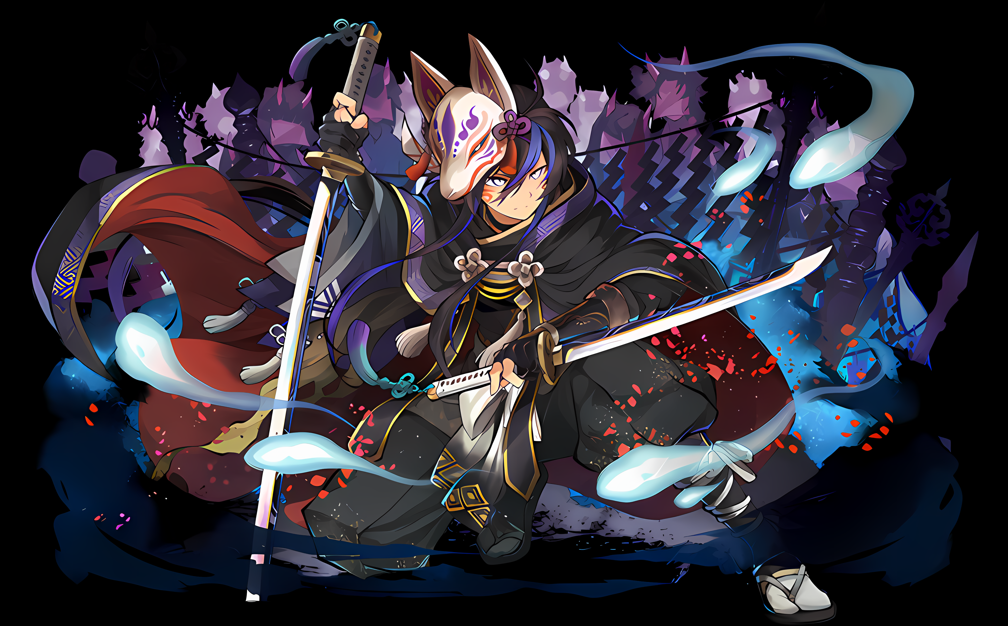 Kurotobi Puzzle And Dragons Samurai Purple Hair Fox Mask 4072x2532