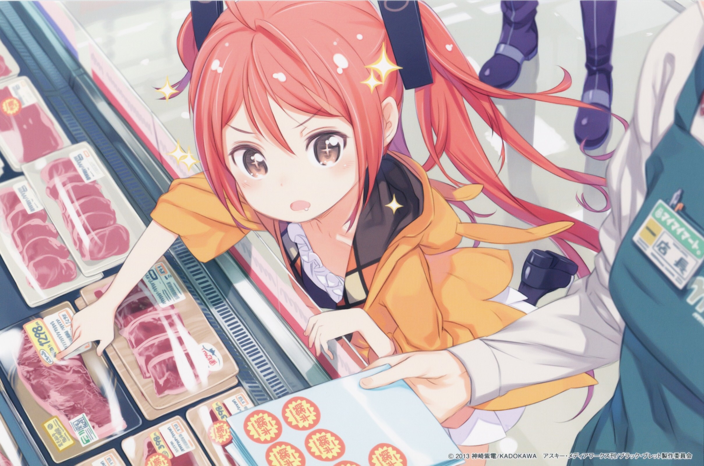 Anime Black Bullet Aihara Enju Shopping Meat Drool Star Eyes Twintails Redhead 2419x1600
