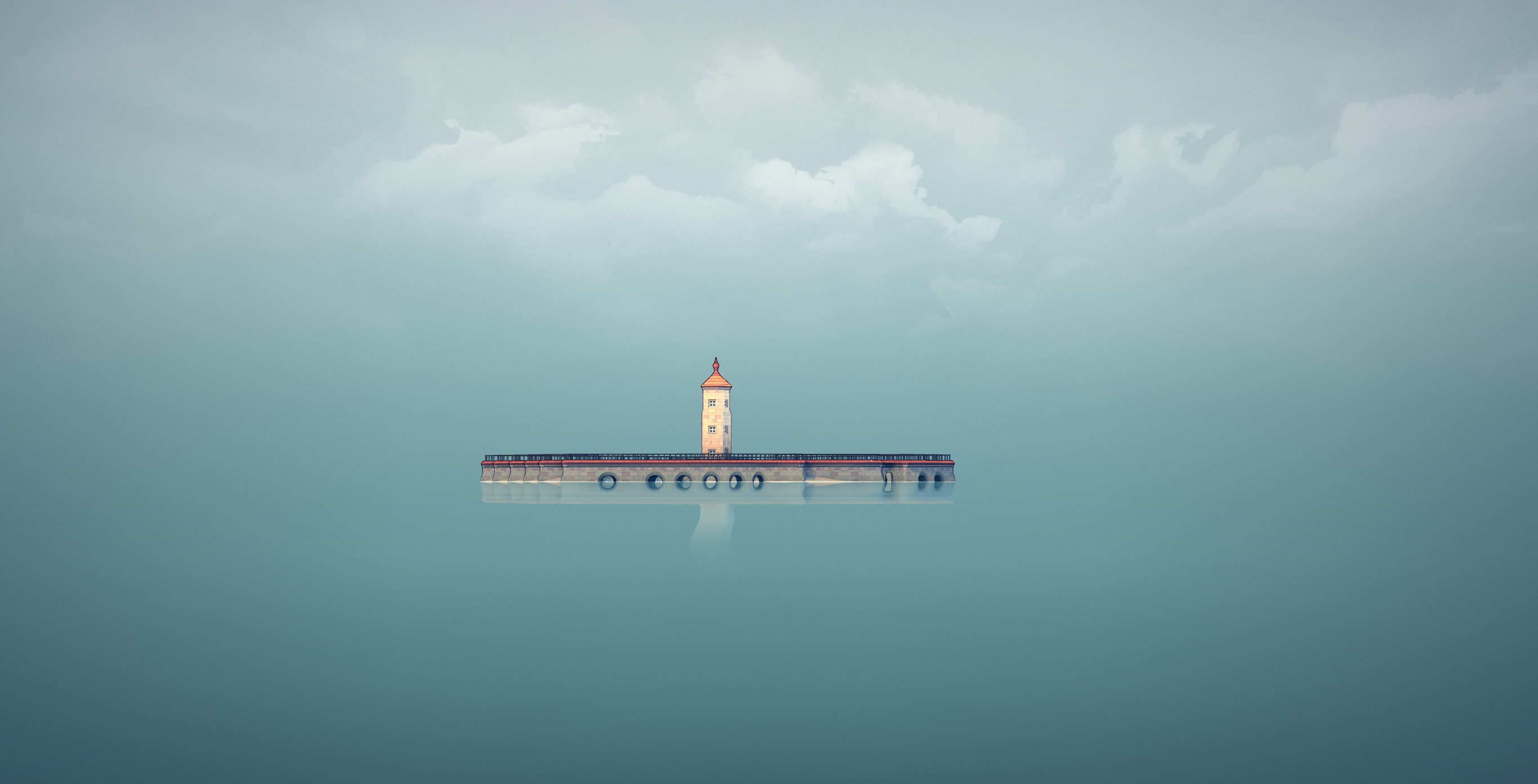 Online Games Minimalism House Tower Building Clouds Sea Bridge Simple Background Townscaper 2732x1394