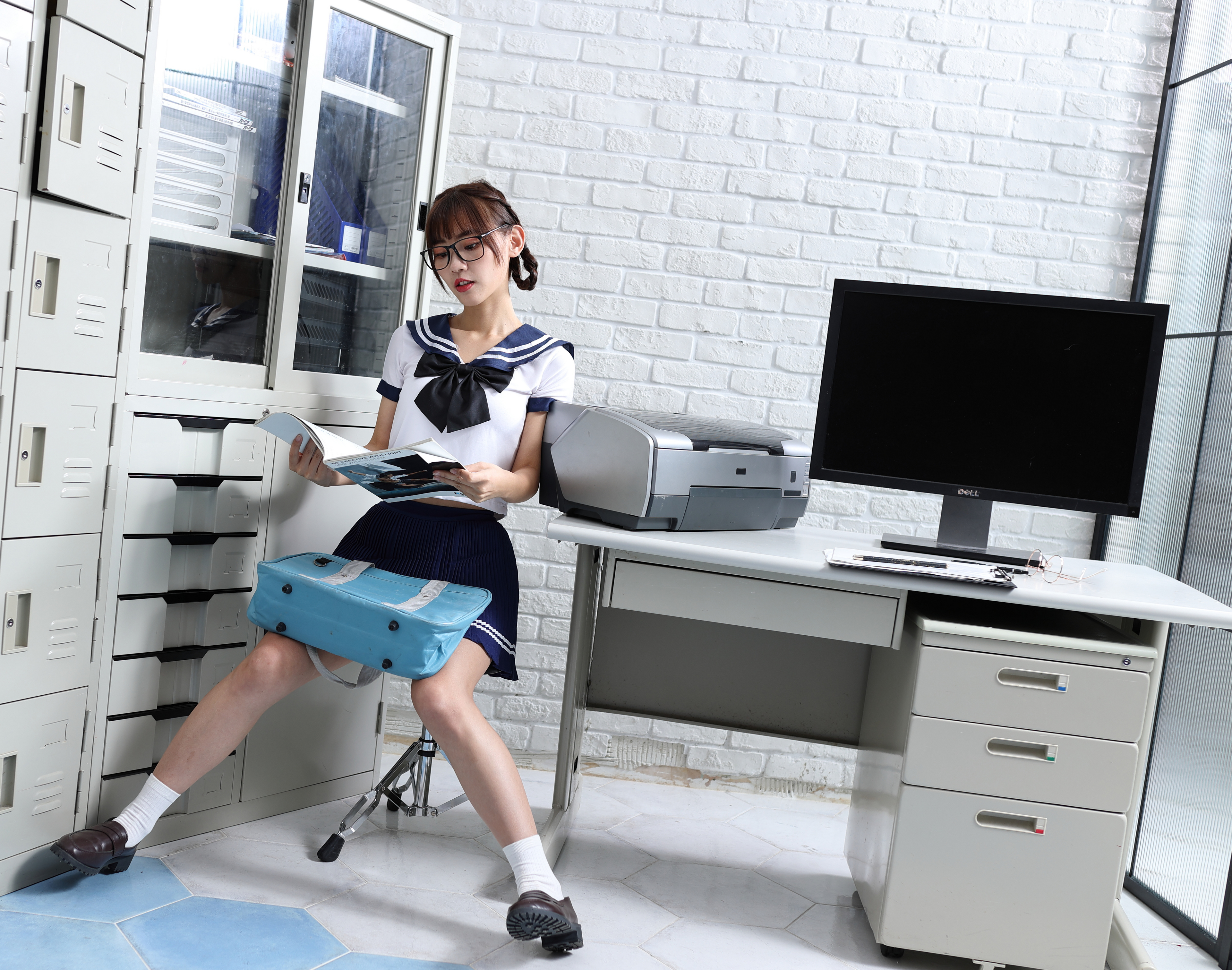 Asian Model Women Long Hair Dark Hair Sitting School Uniform Printer Monitor 3840x3023
