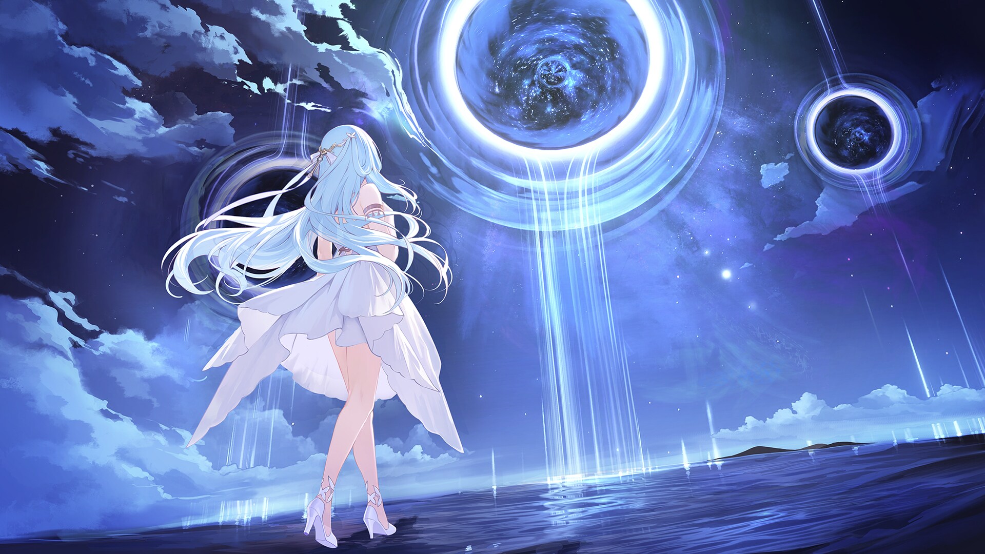 Azur Promilia White Dress Low Angle Light Blue Hair White Heels Walking Water Starry Night Stars Hai 1920x1080