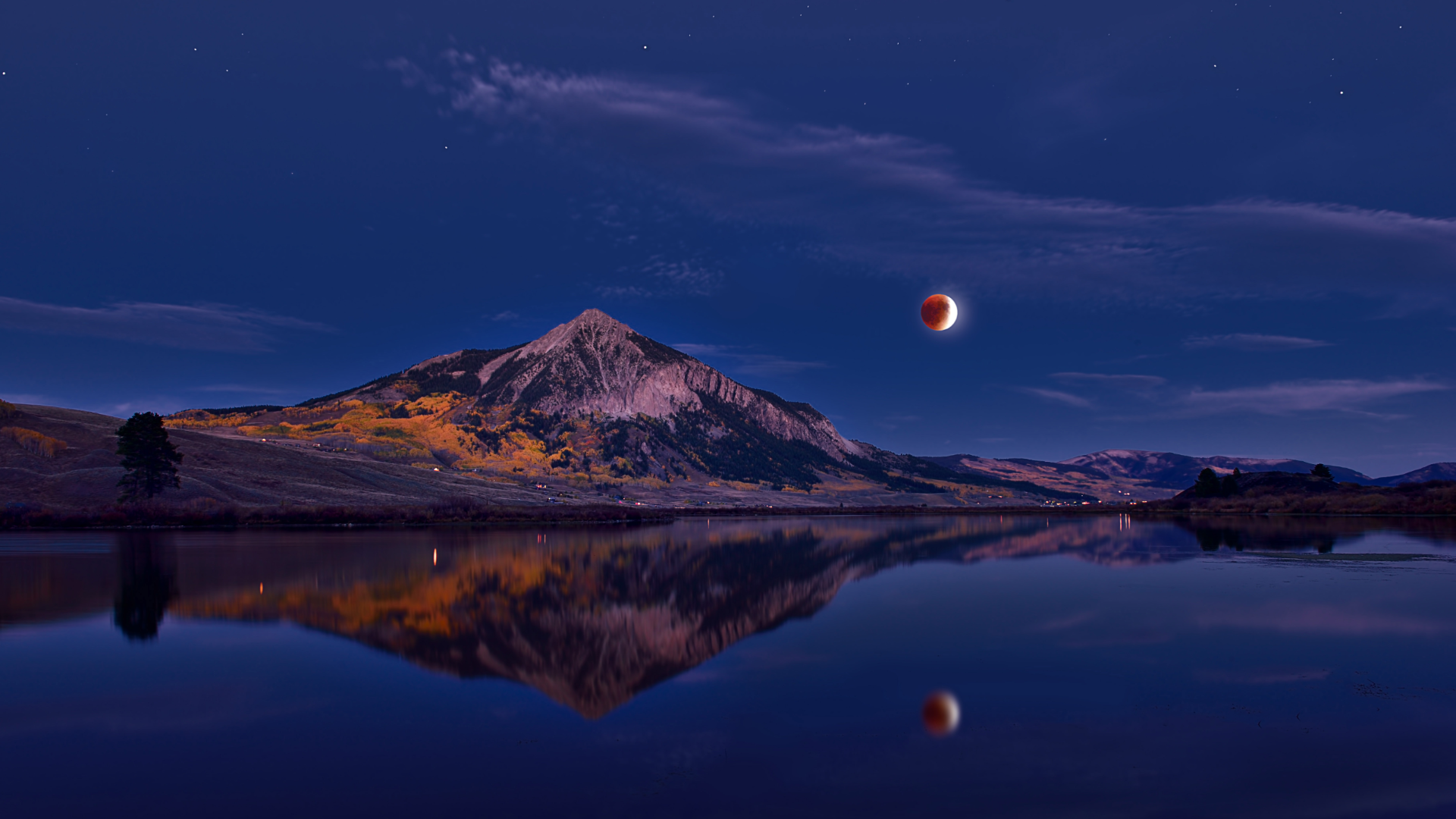 Nature Landscape Mountains Sky Clouds Lake Water Moon Red Moon Trees Stars Reflection Lunar Eclipse  1920x1080