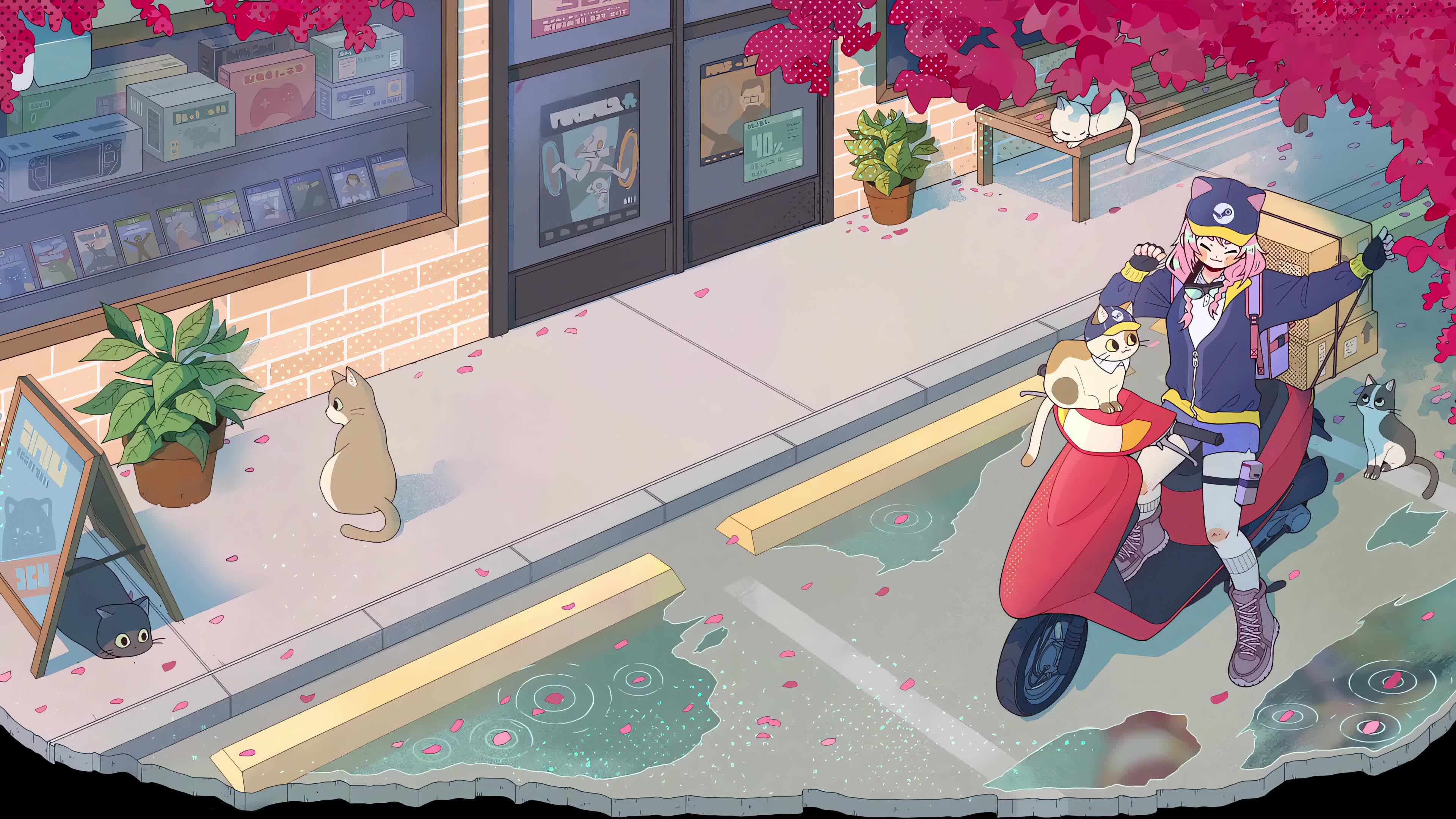 4K Anime Cats Scooters 3840x2160