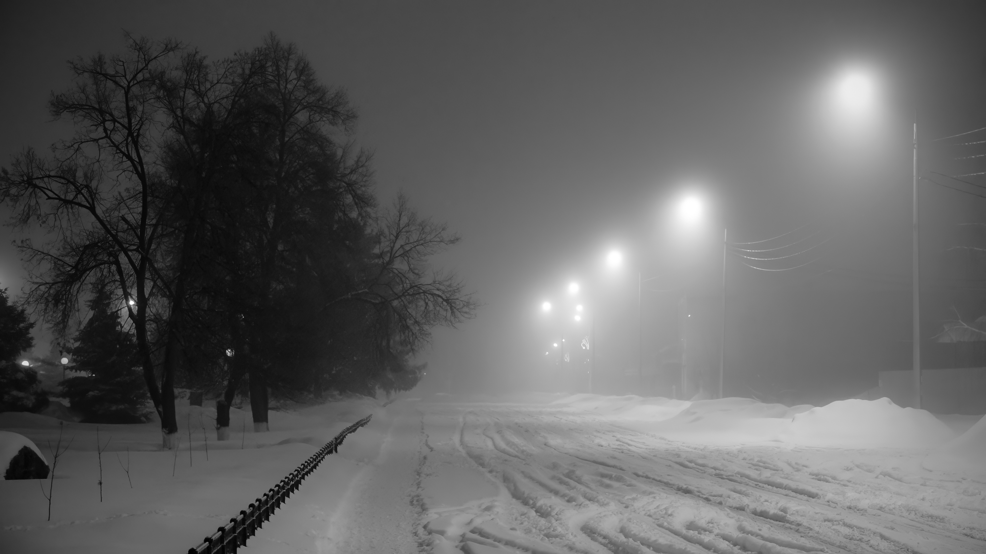 Street Light Lights Path Snow Night Dark Monochrome Trees 4000x2250