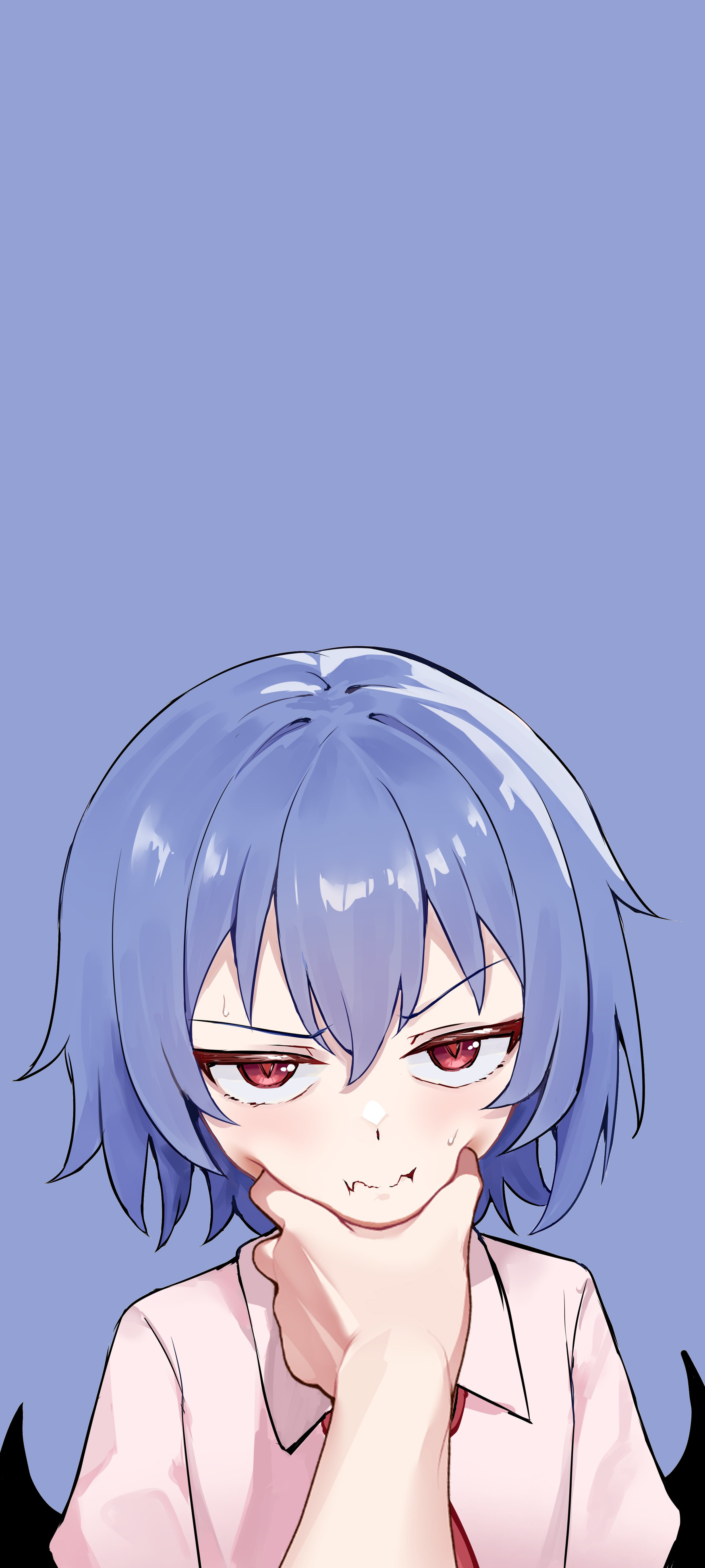 Remilia Scarlet Touhou Bat Wings Blue Hair Hand On Face Pouting Red Eyes Vampire Girl Wings Simple B 2480x5511