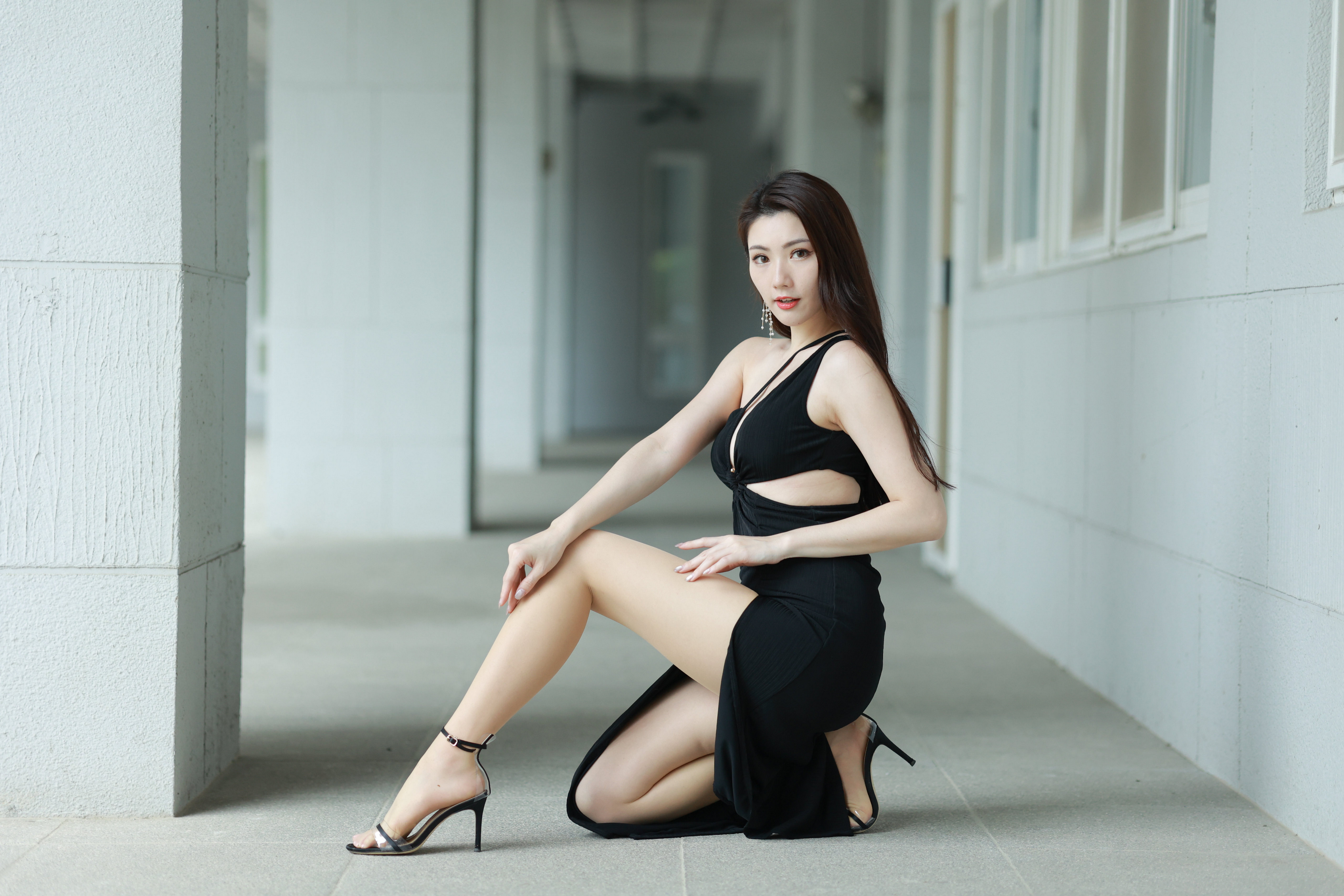 Asian Model Women Long Hair Dark Hair Bokeh Black Dress Legs Clothing Cutout 3840x2560