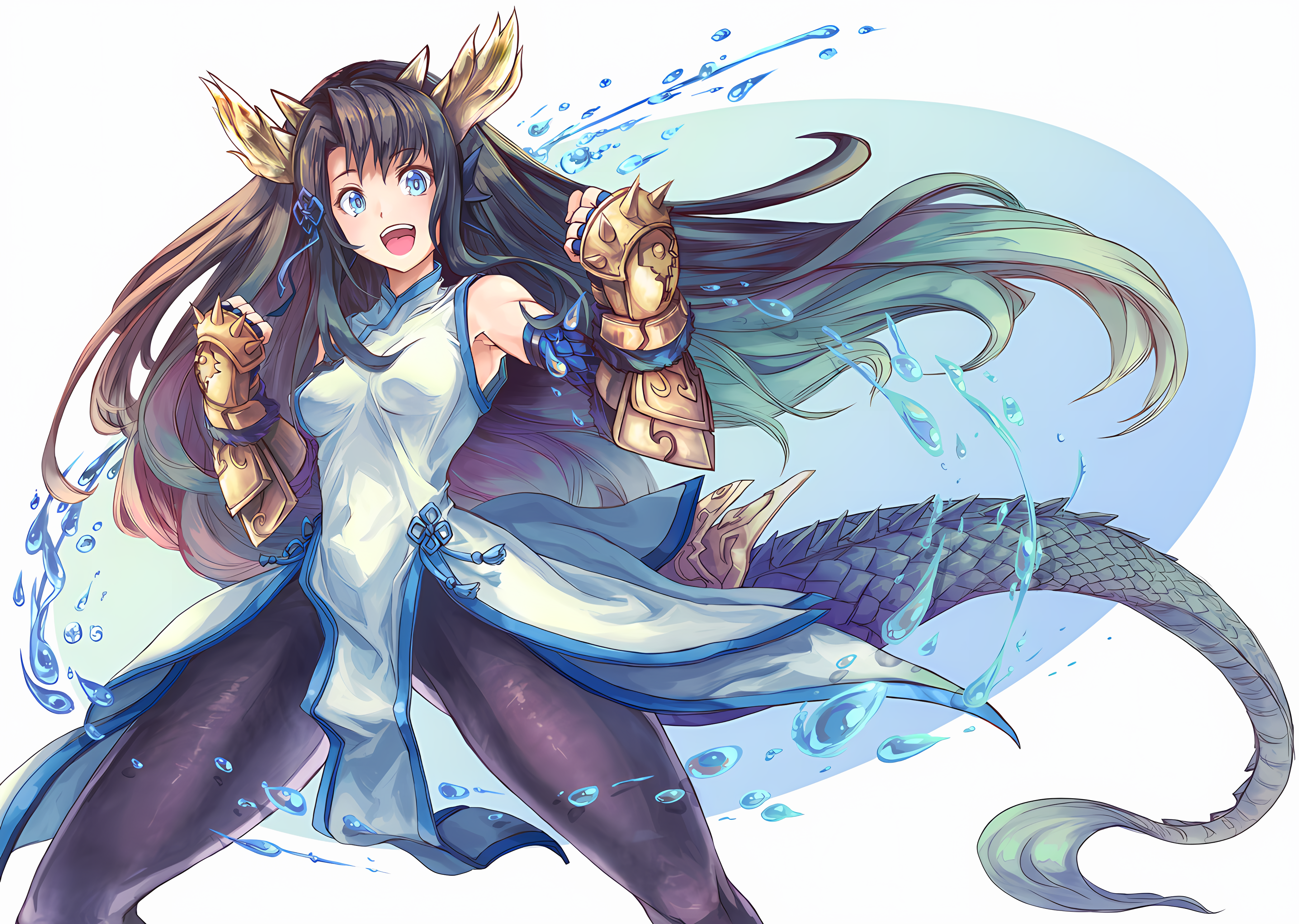 Puzzle And Dragons Karin Gauntlets Dragon Tail Blue Eyes Spandex Water Dragon Girl 4172x2968